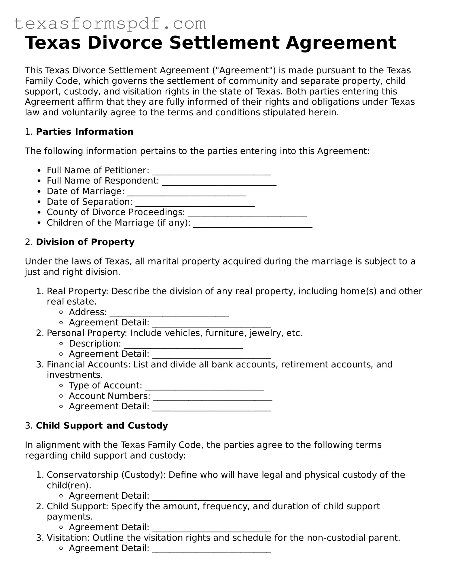 Legal Divorce Settlement Agreement Document for the State of Texas