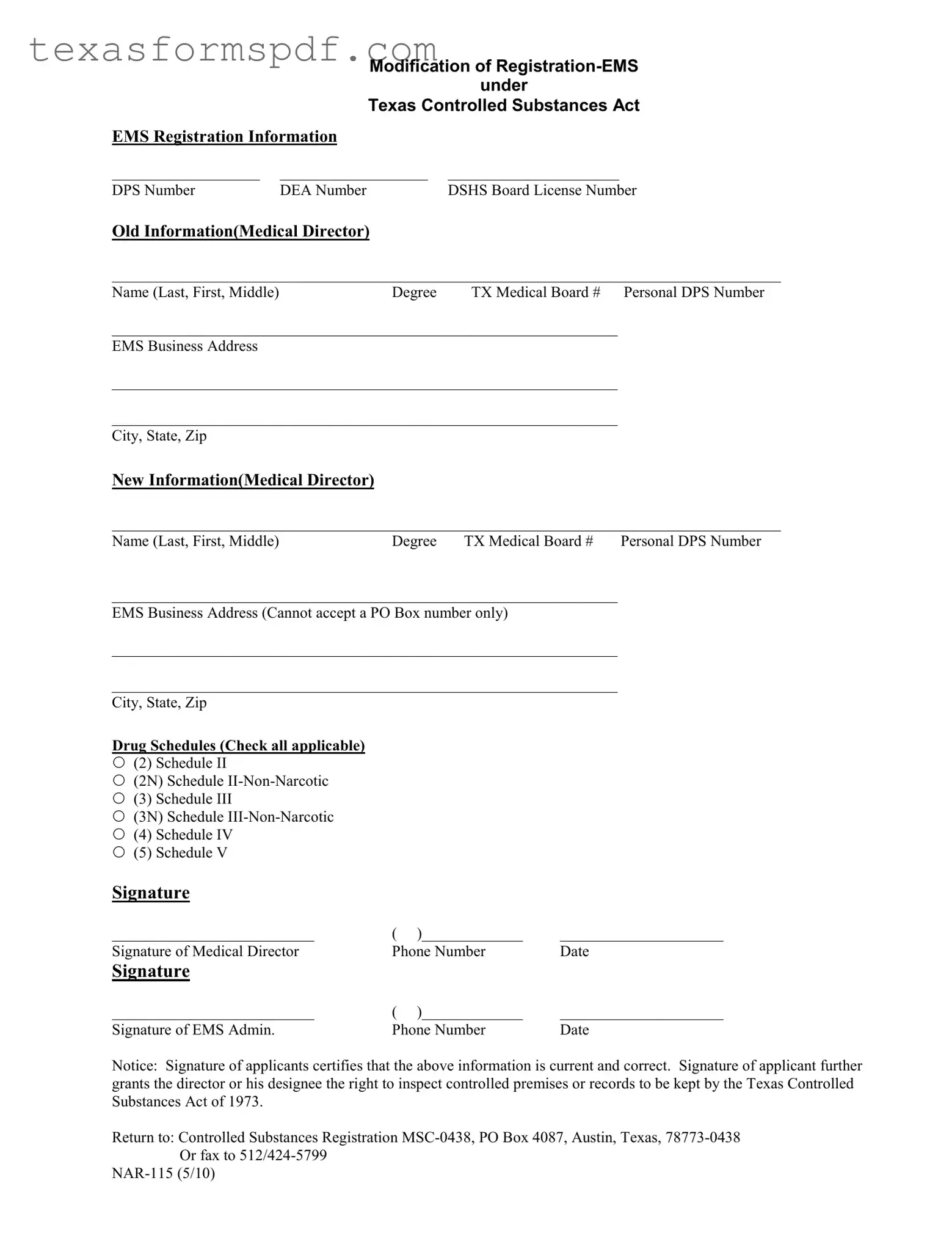 Texas Nar 115 Form in PDF