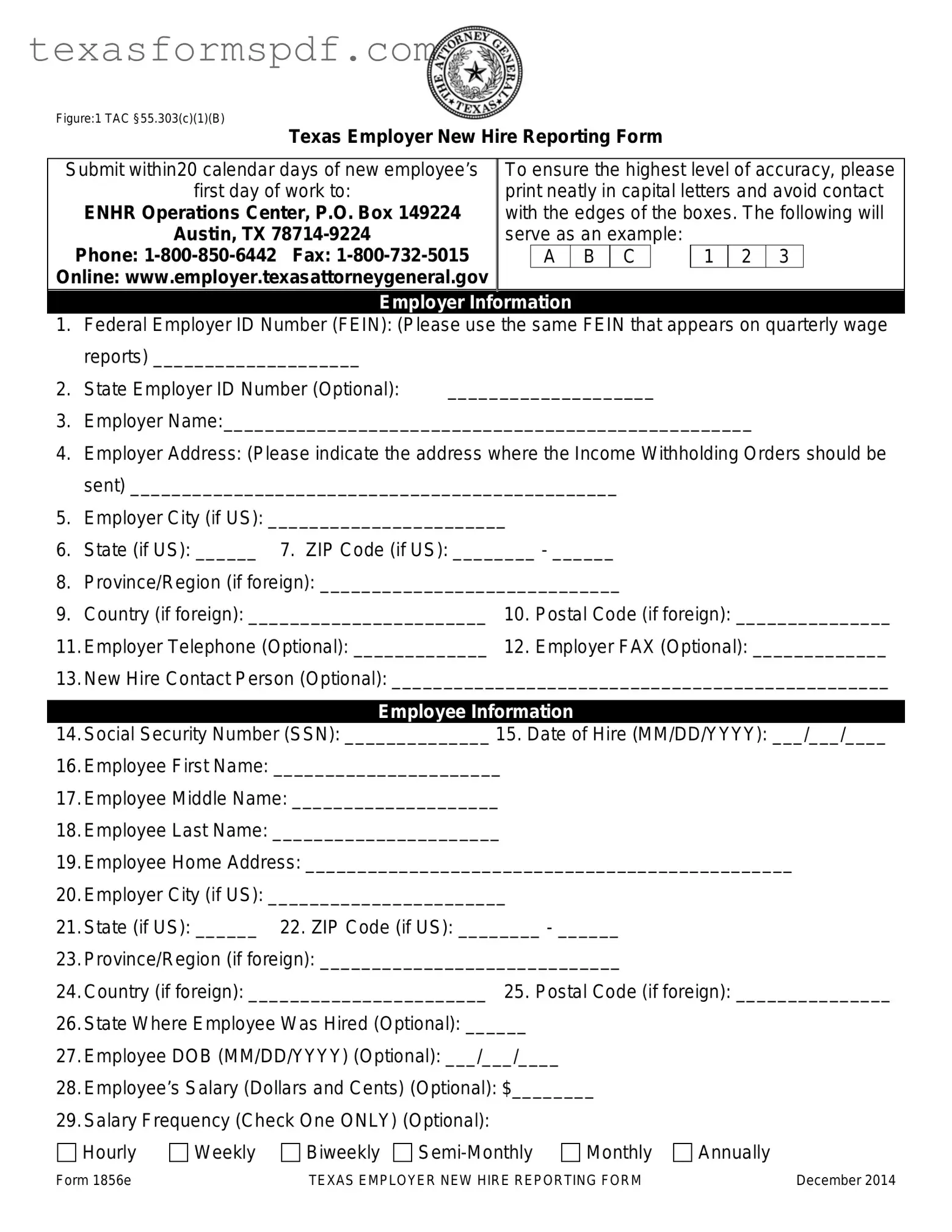 Texas New Hire Reporting Form in PDF