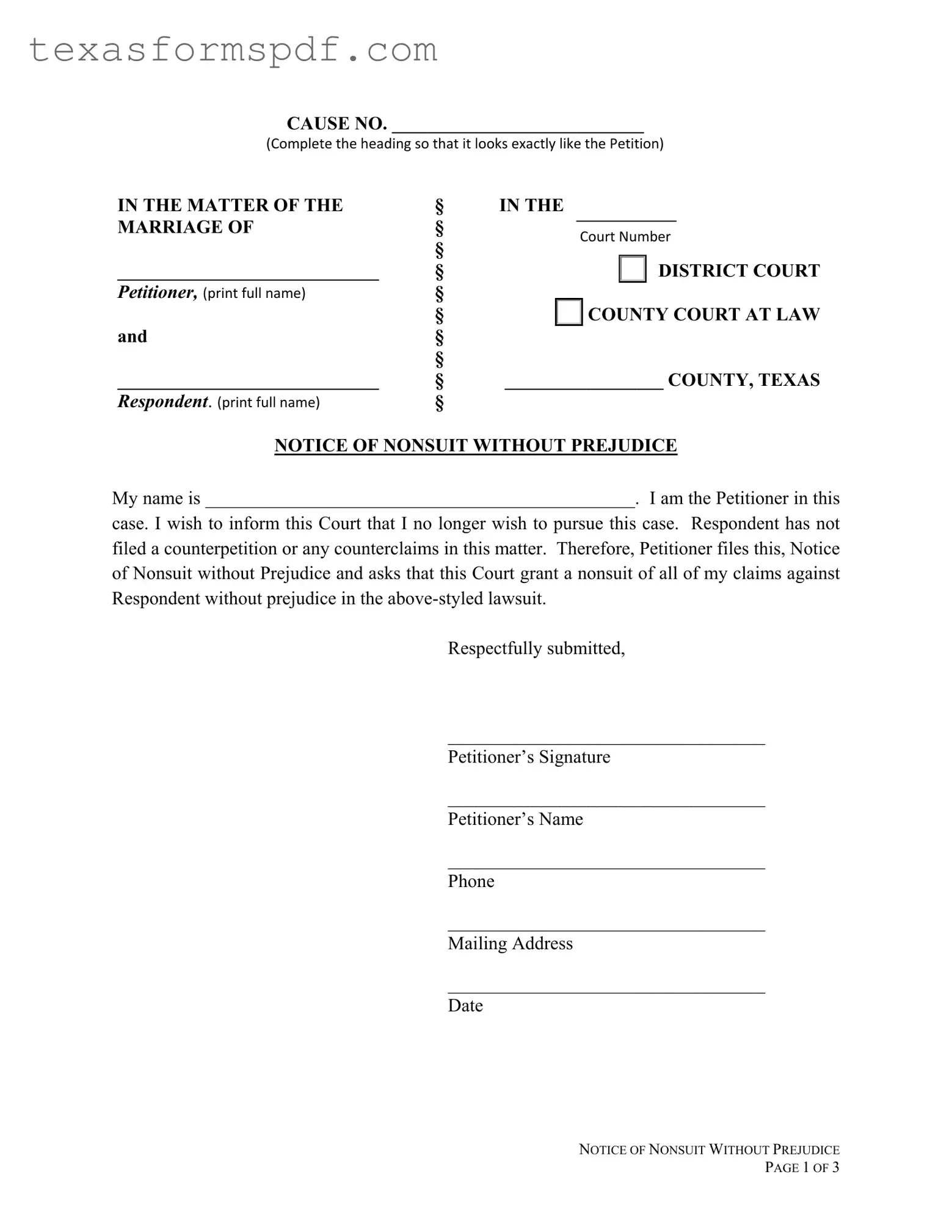 Texas Notice Of Nonsuit Form in PDF