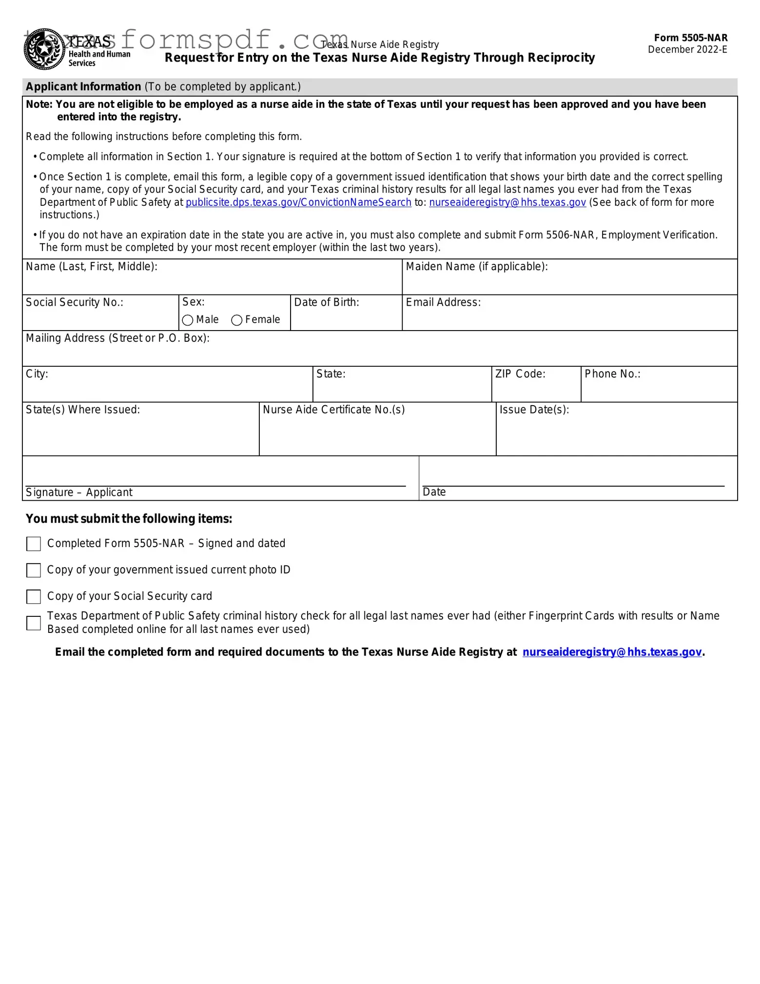Texas Nurse Aide Registry 5505-NAR Form in PDF