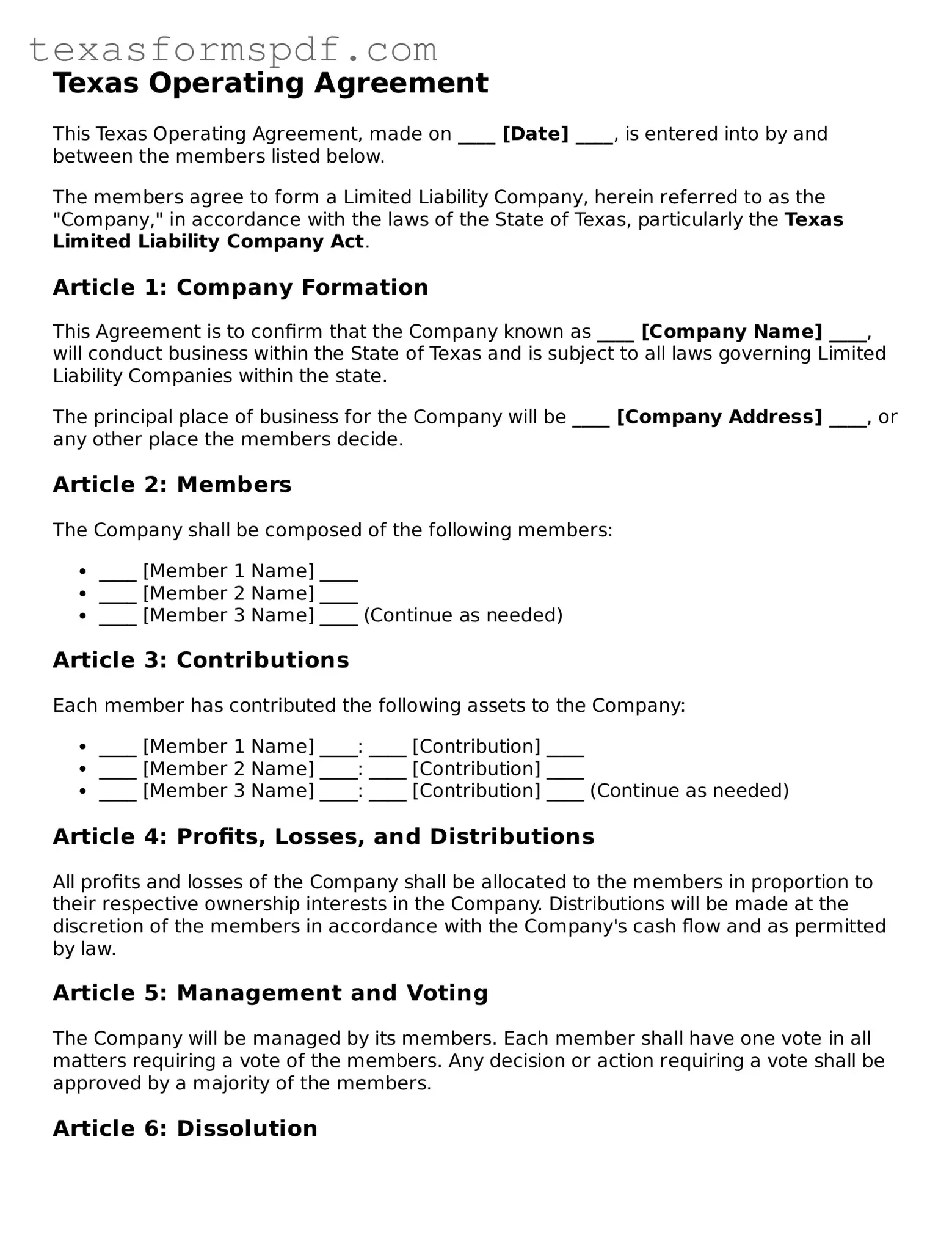 Legal Operating Agreement Document for the State of Texas