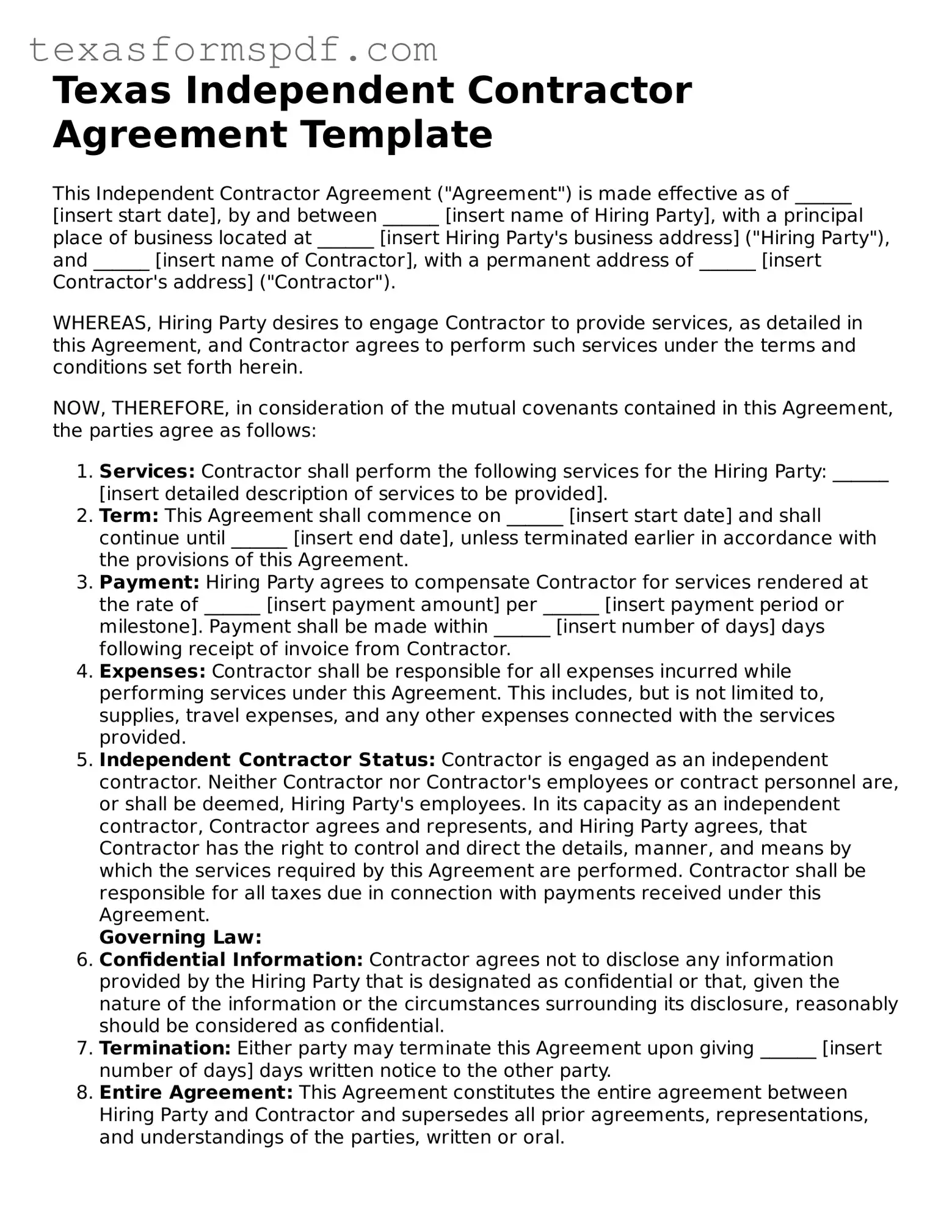 Legal Independent Contractor Agreement Document for the State of Texas
