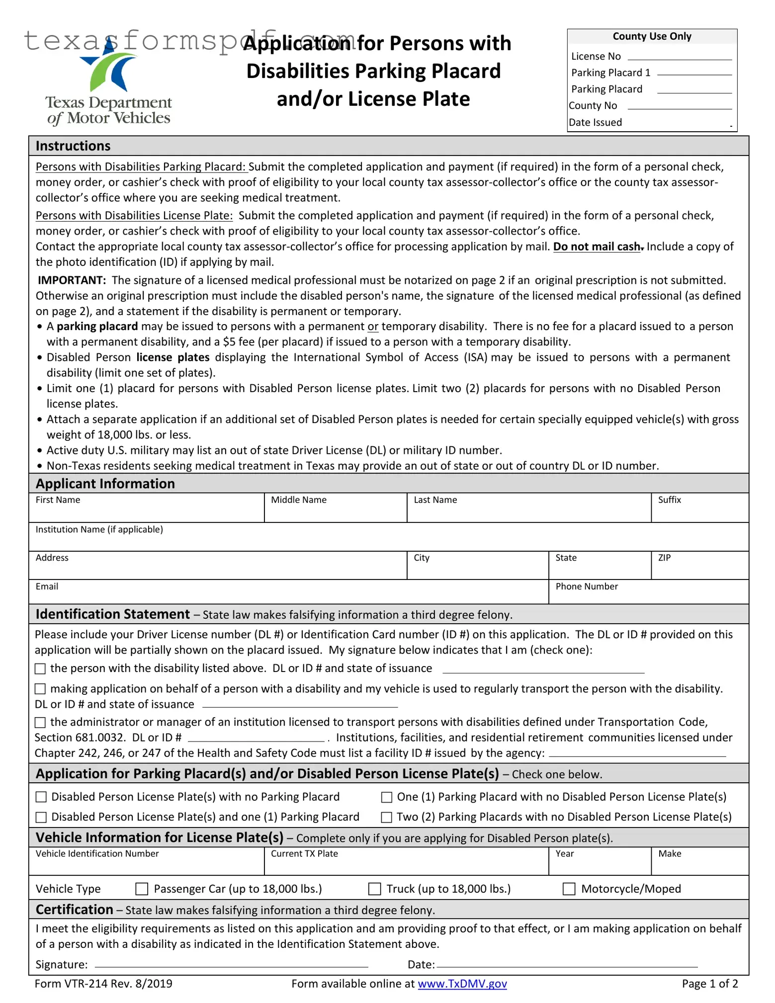 Texas Parking Vtr 214 Form in PDF