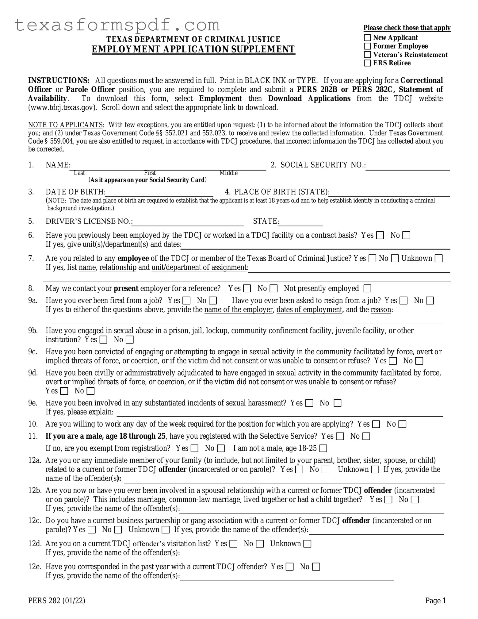 Texas Pers 282 Form in PDF