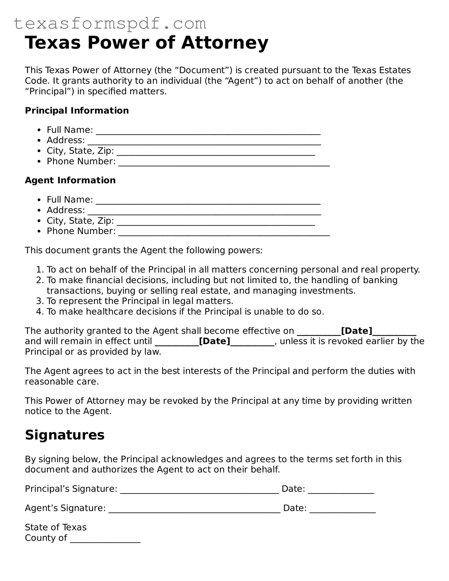 Legal Power of Attorney Document for the State of Texas