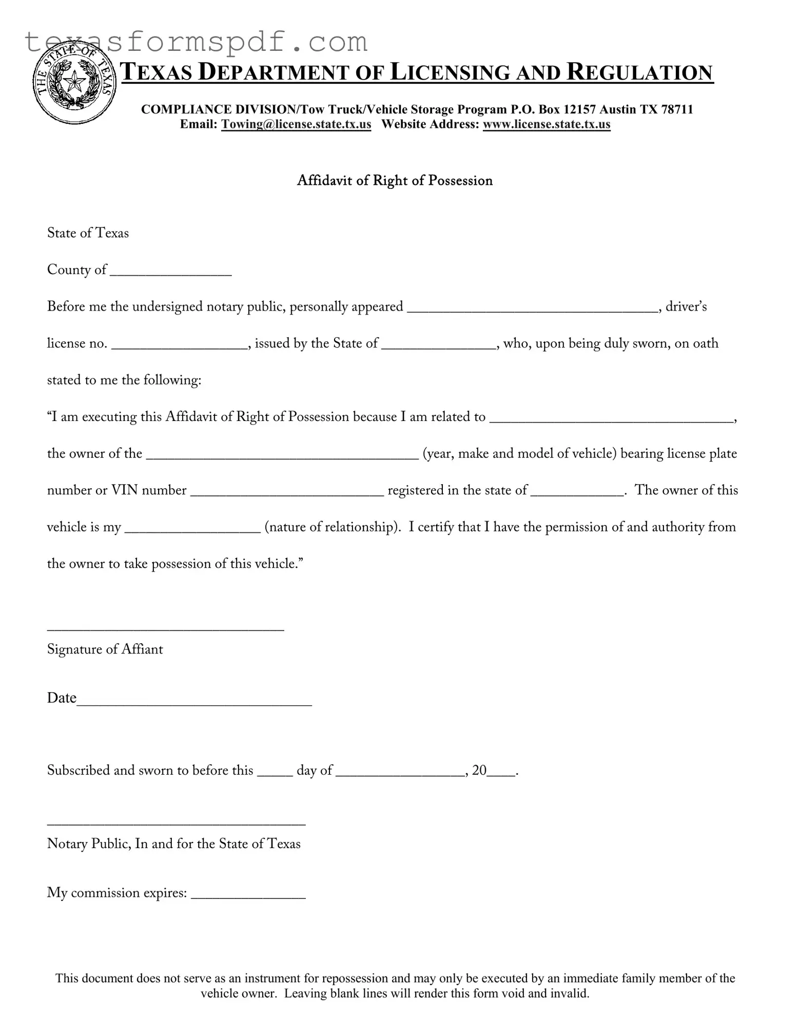 Texas Possession Form in PDF