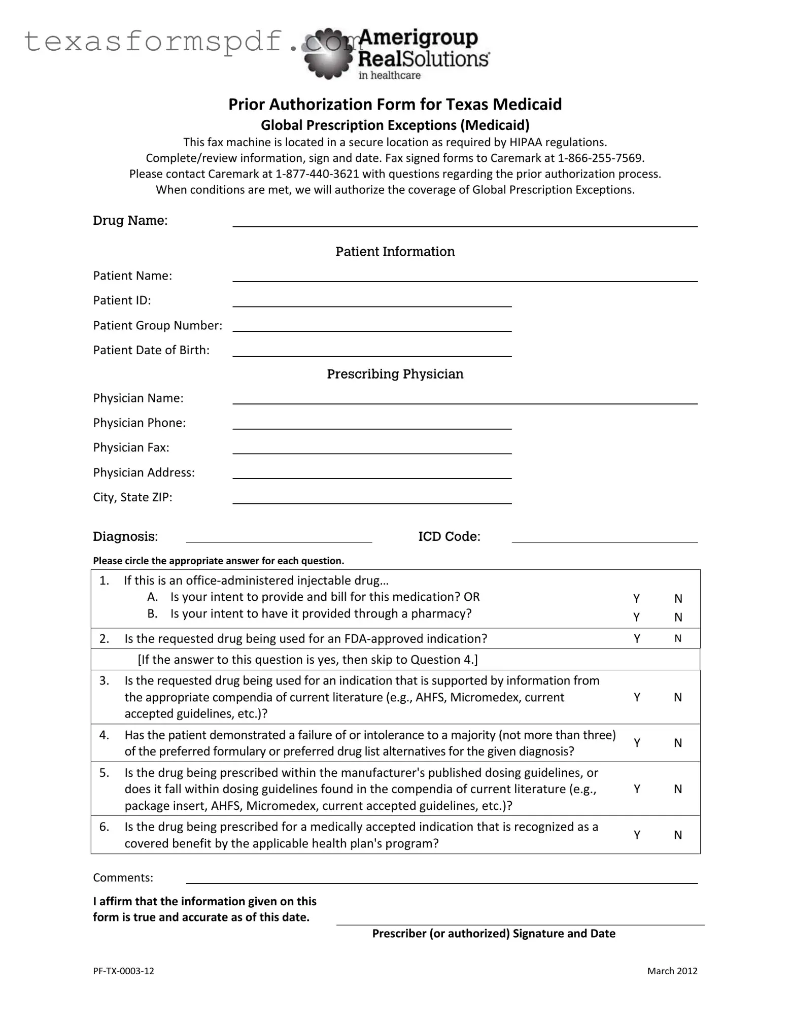 Texas Pre Authorization Request Form in PDF