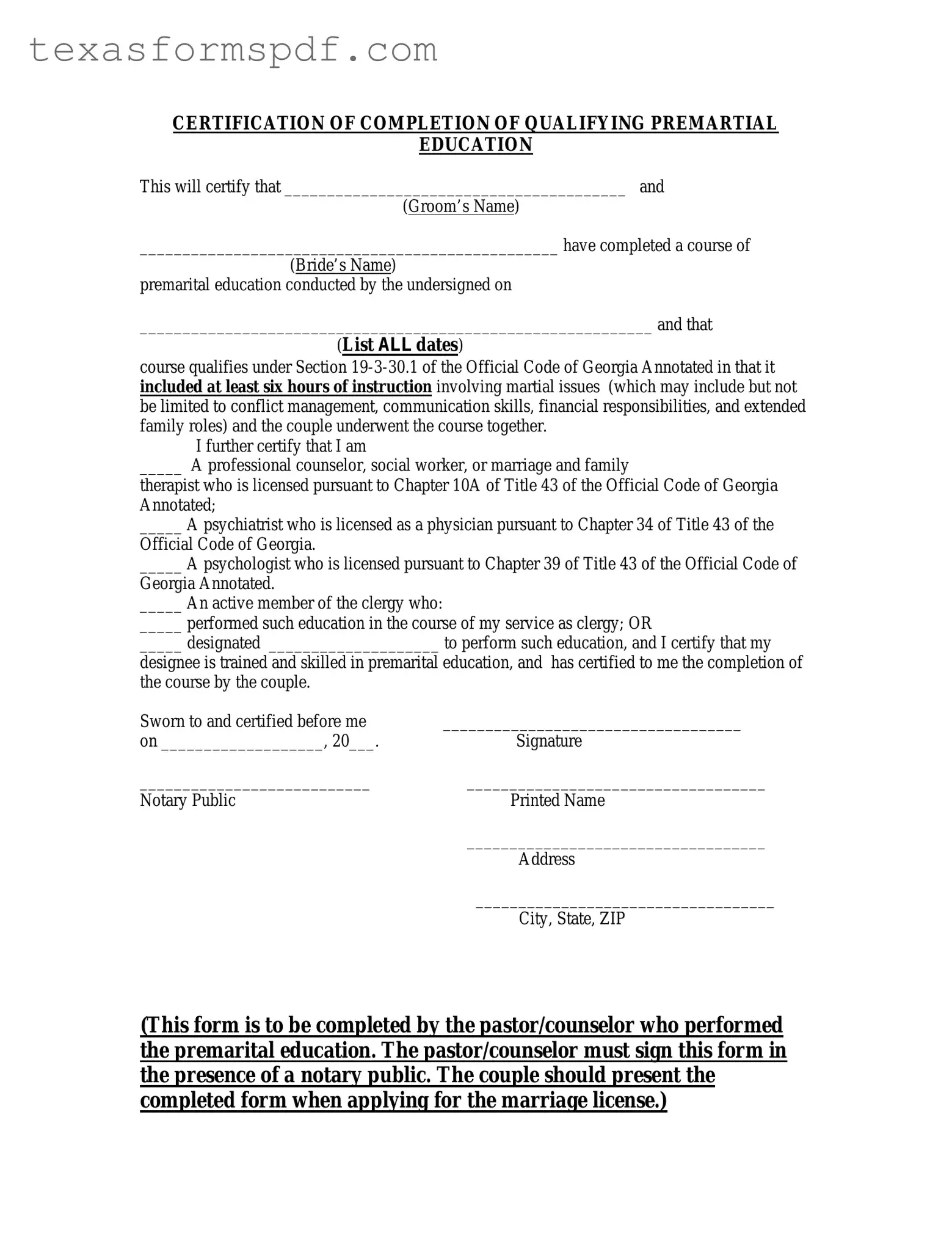 Texas Premarital Course Certificate Form in PDF