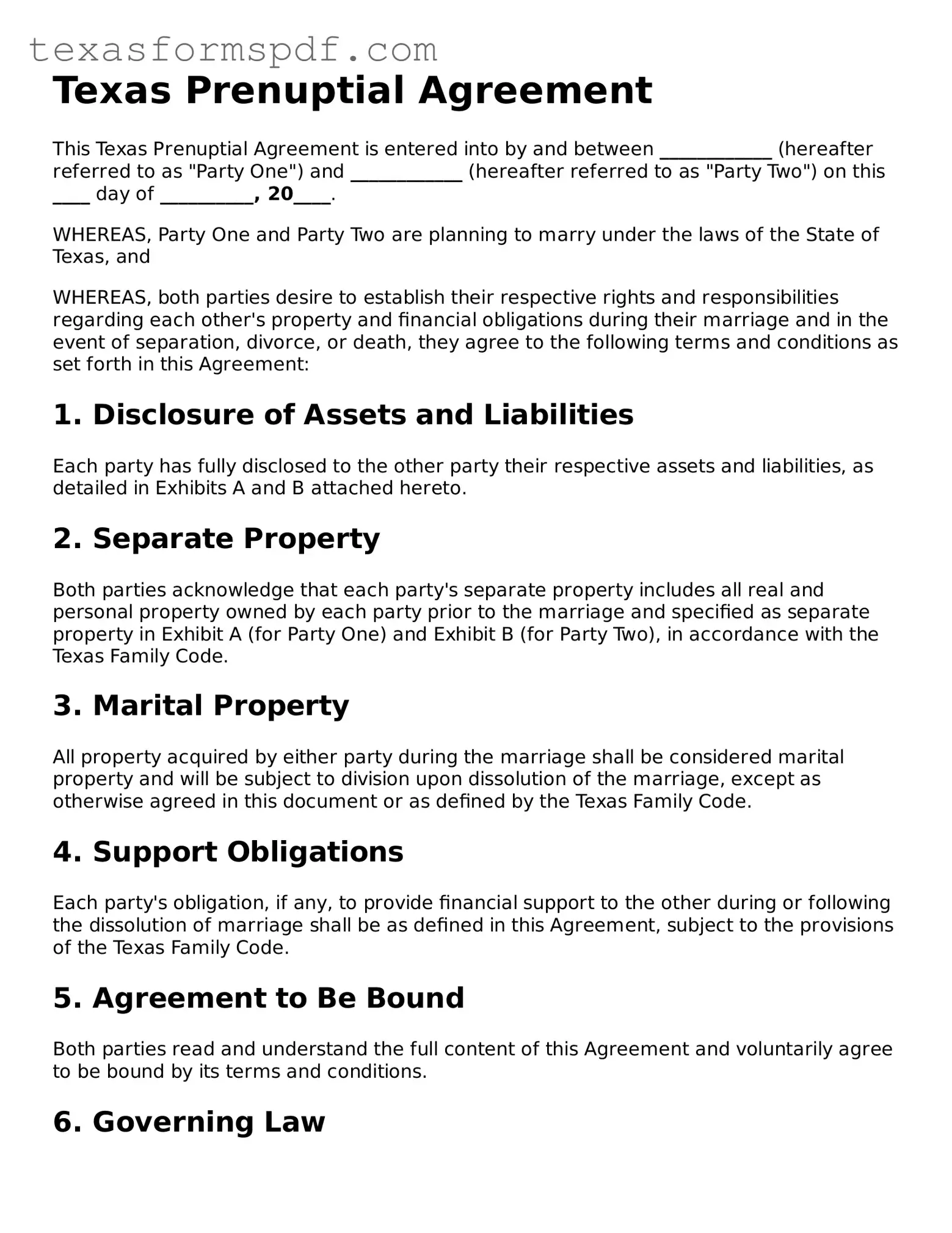 Legal Prenuptial Agreement Document for the State of Texas