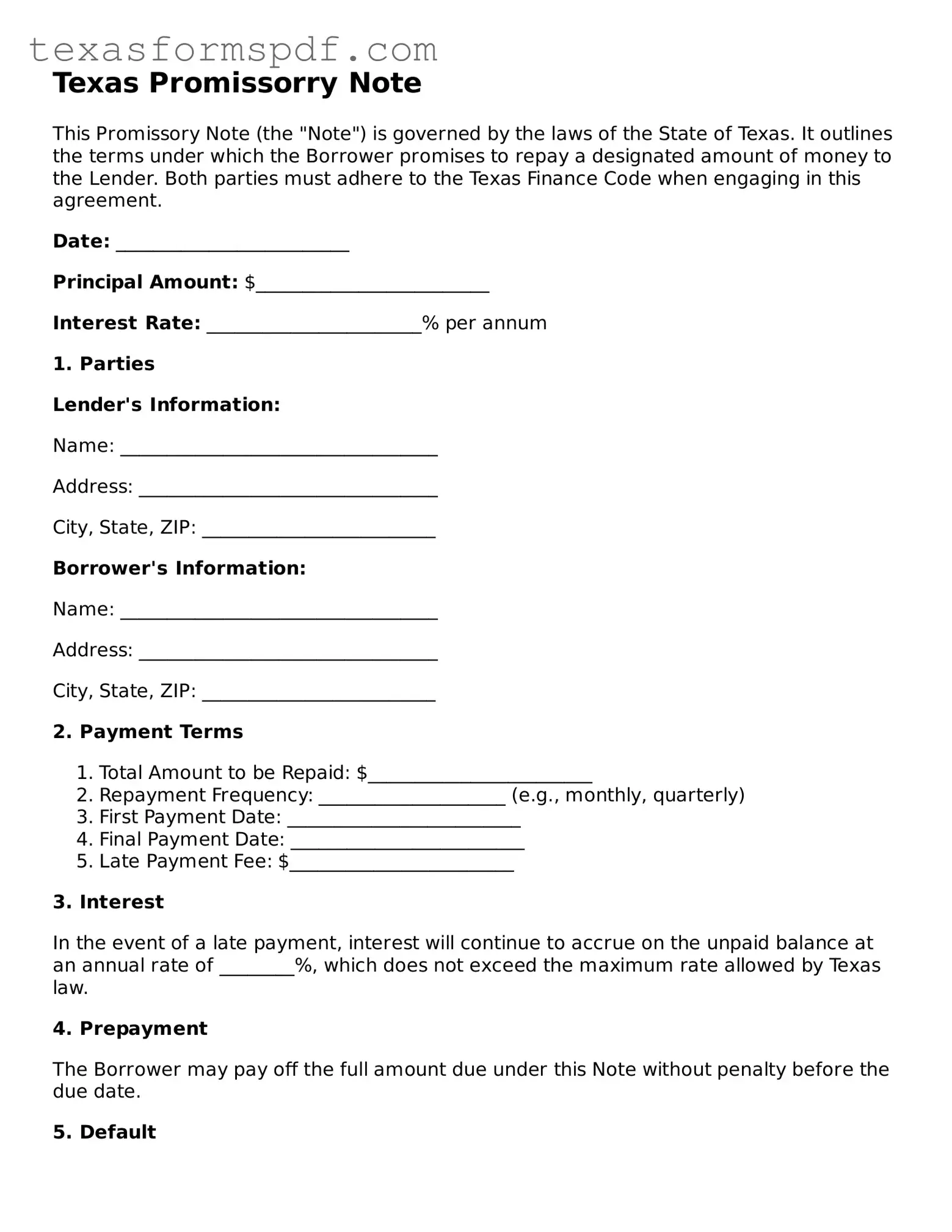 Legal Promissory Note Document for the State of Texas