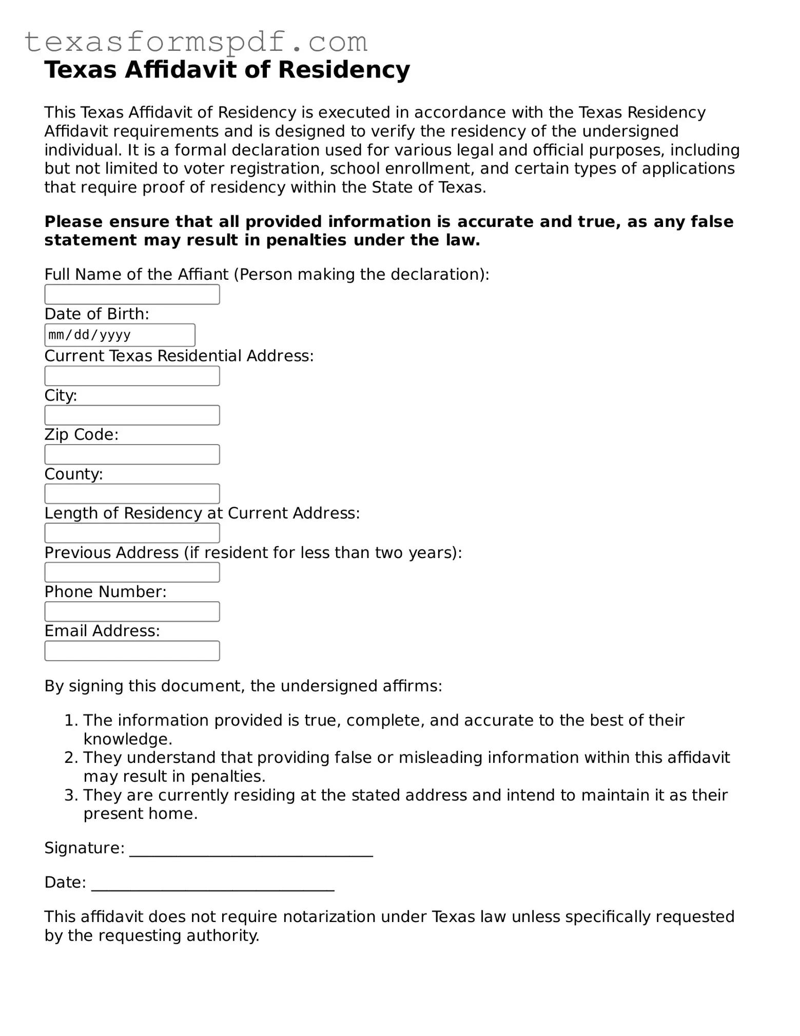 Legal Affidavit of Residency Document for the State of Texas
