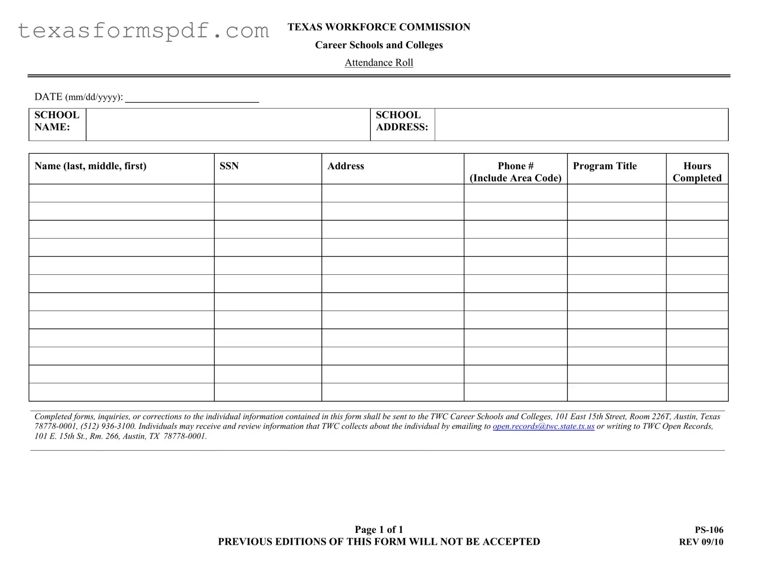Texas Ps 106 Form in PDF
