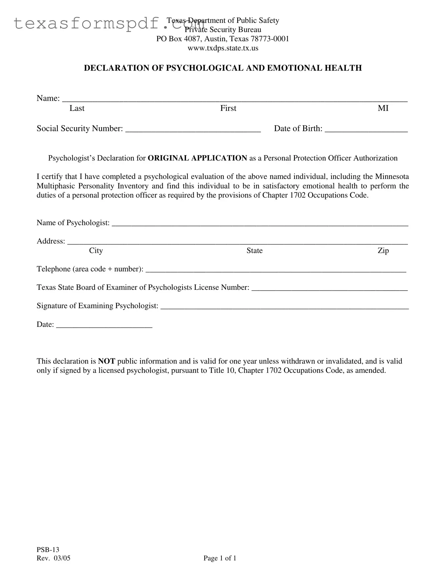 Texas Psb 13 Form in PDF