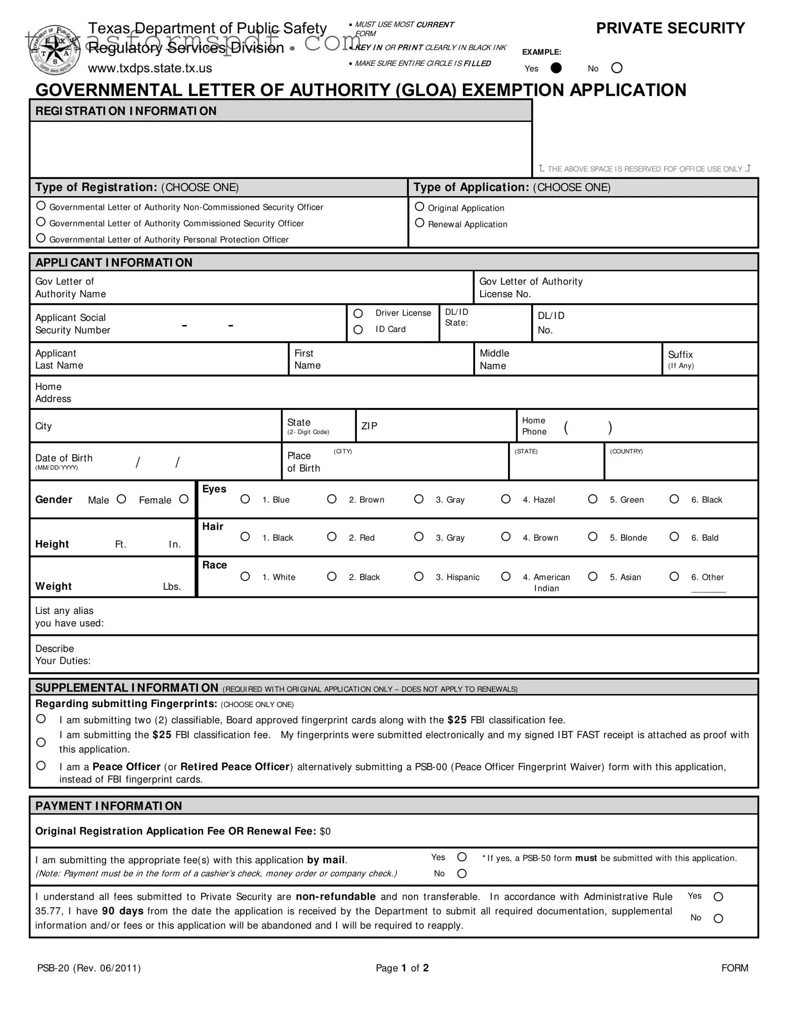 Texas Psb 20 Form in PDF