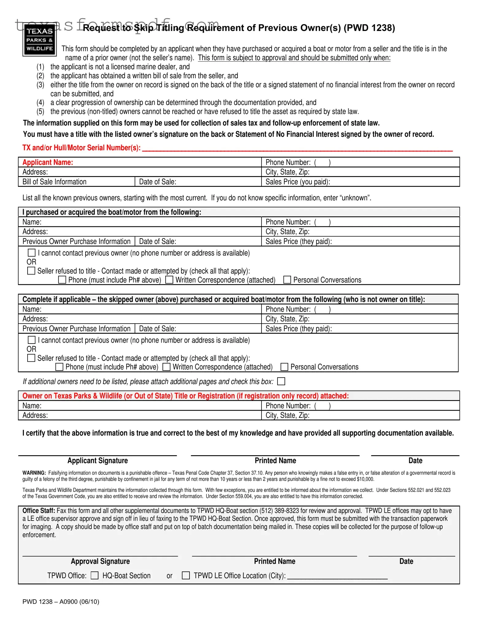 Texas Pwd 1238 Form in PDF