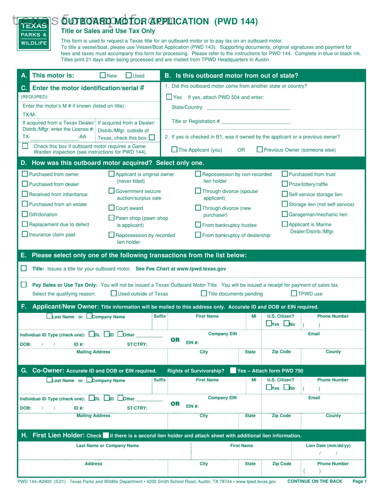 Texas Pwd 144 Form in PDF