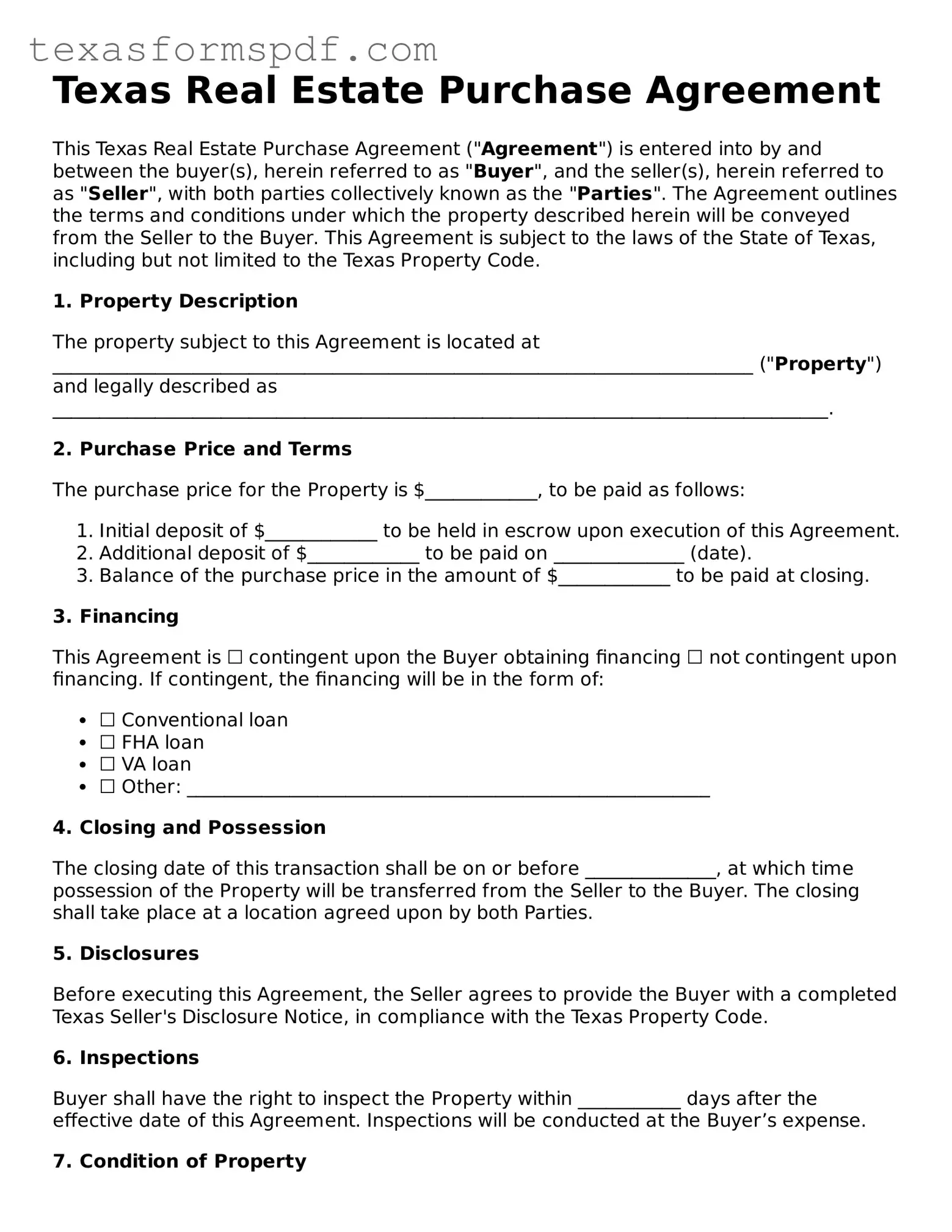 Legal Real Estate Purchase Agreement Document for the State of Texas