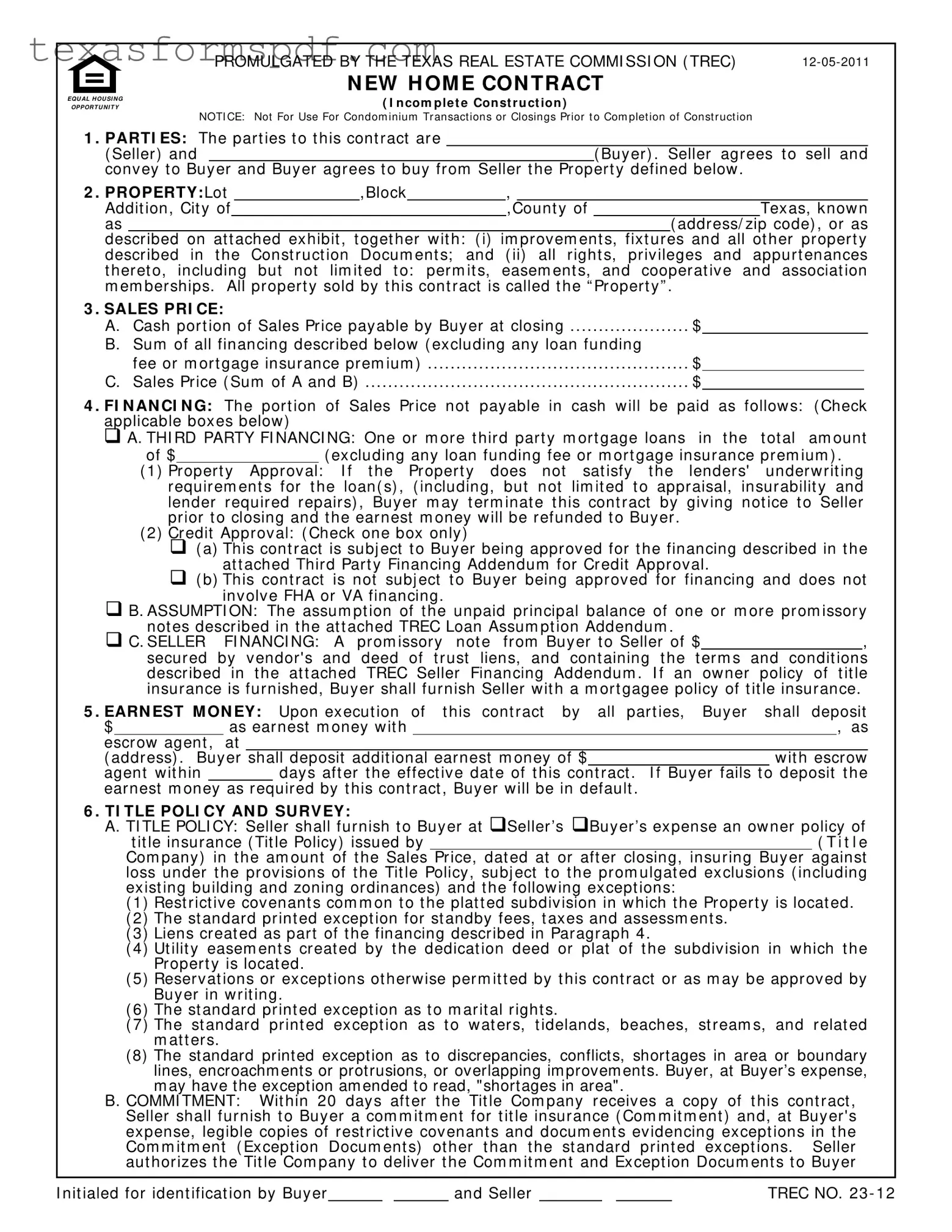Texas Real Estate Sales Contract Form in PDF