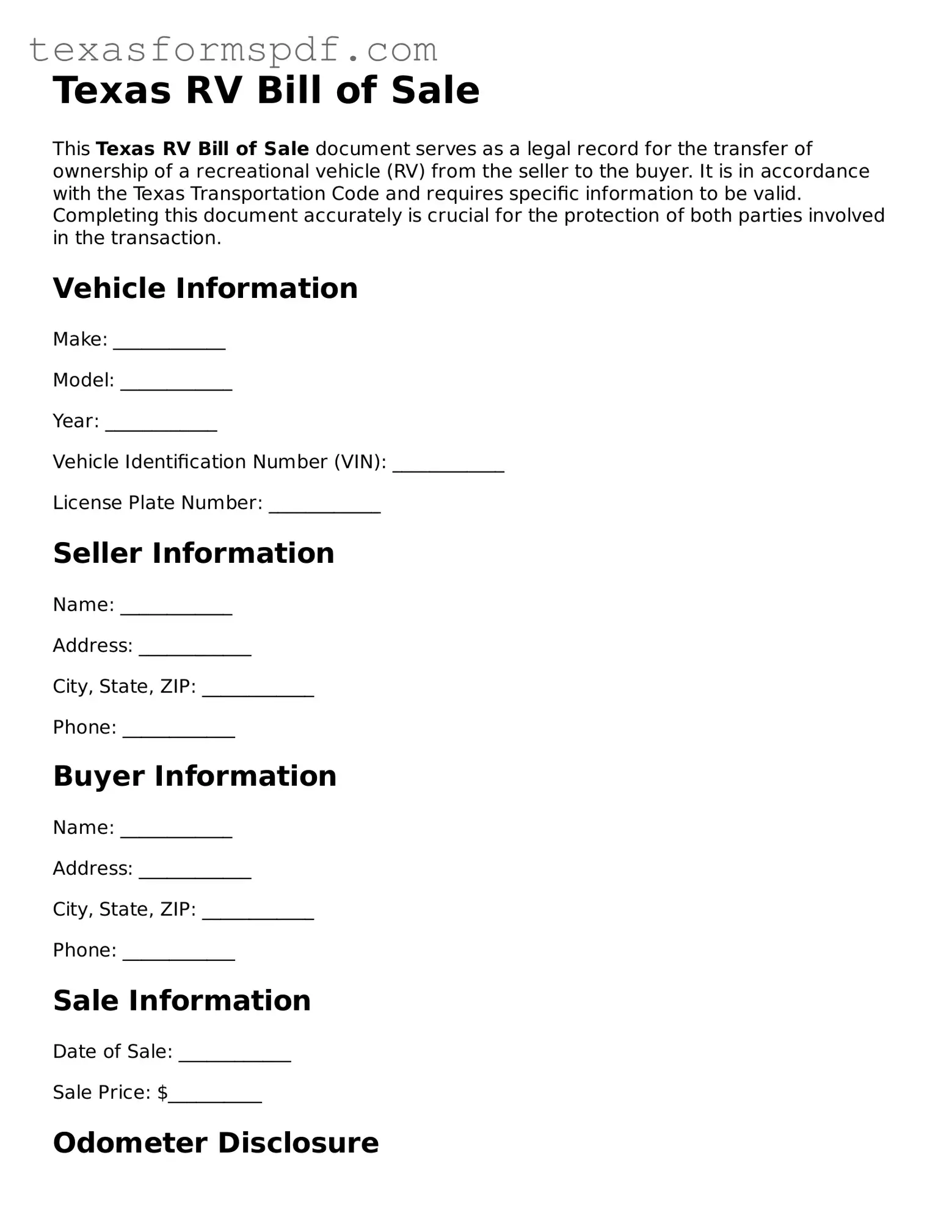 Legal RV Bill of Sale Document for the State of Texas