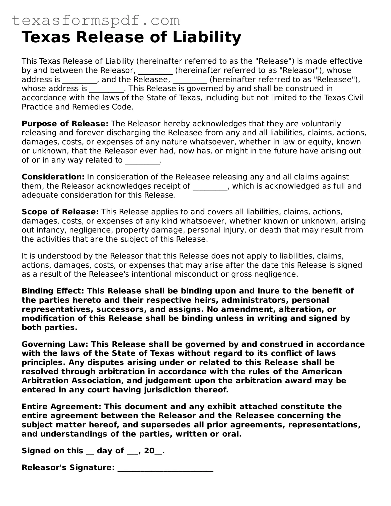 Legal Release of Liability Document for the State of Texas
