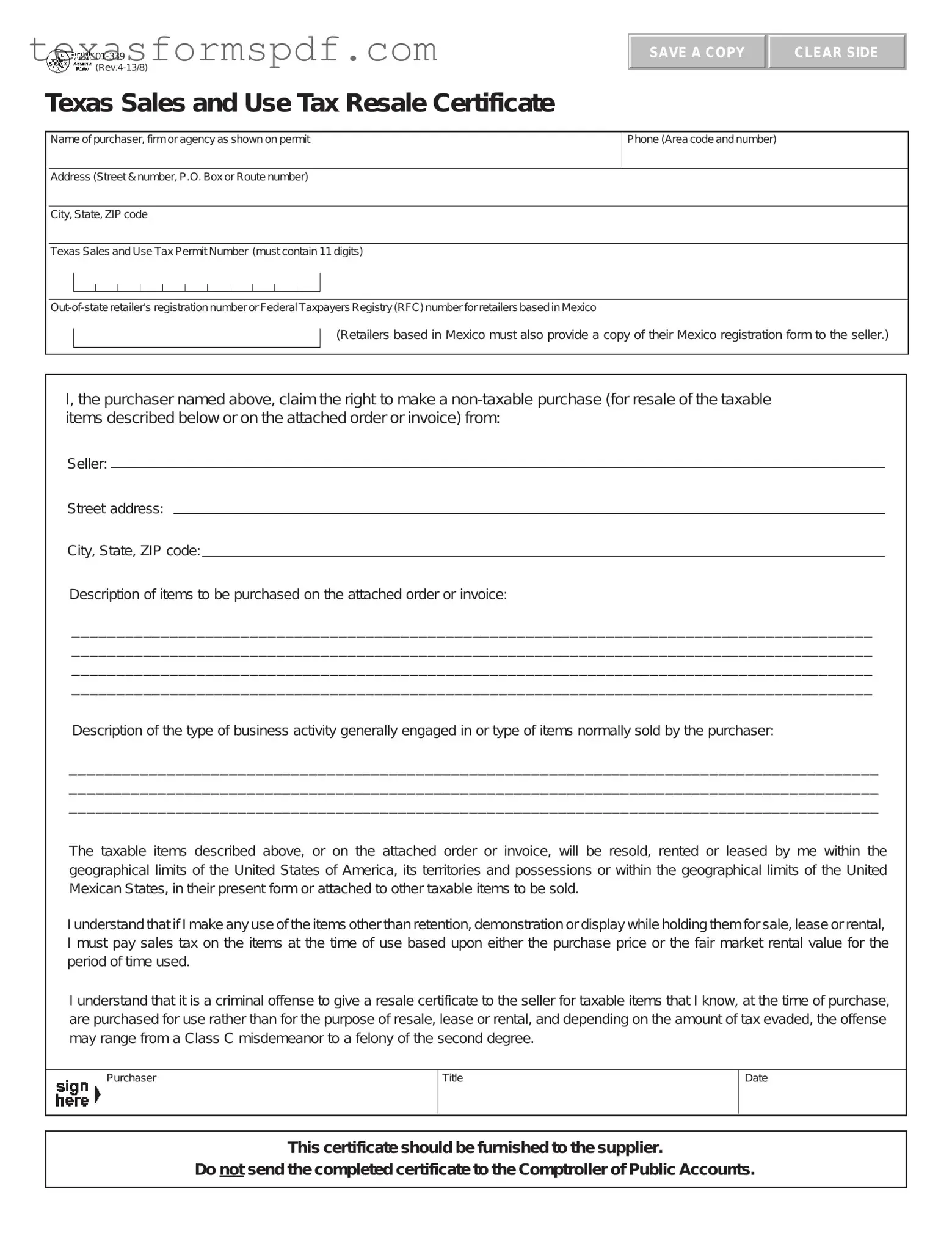 Texas Resale Certificate 01 339 Form in PDF