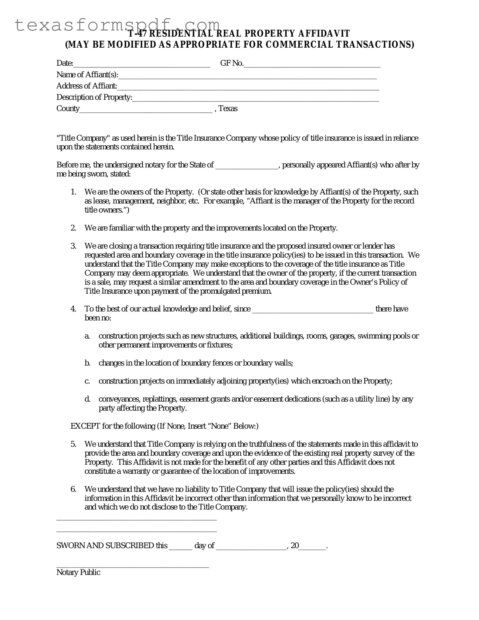 Texas residential property affidavit T-47 Form in PDF