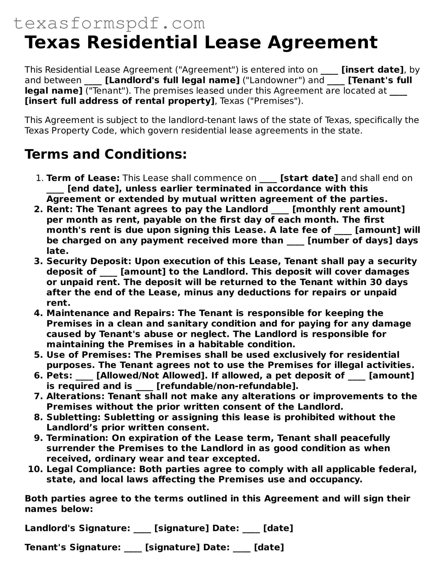 Legal Residential Lease Agreement Document for the State of Texas