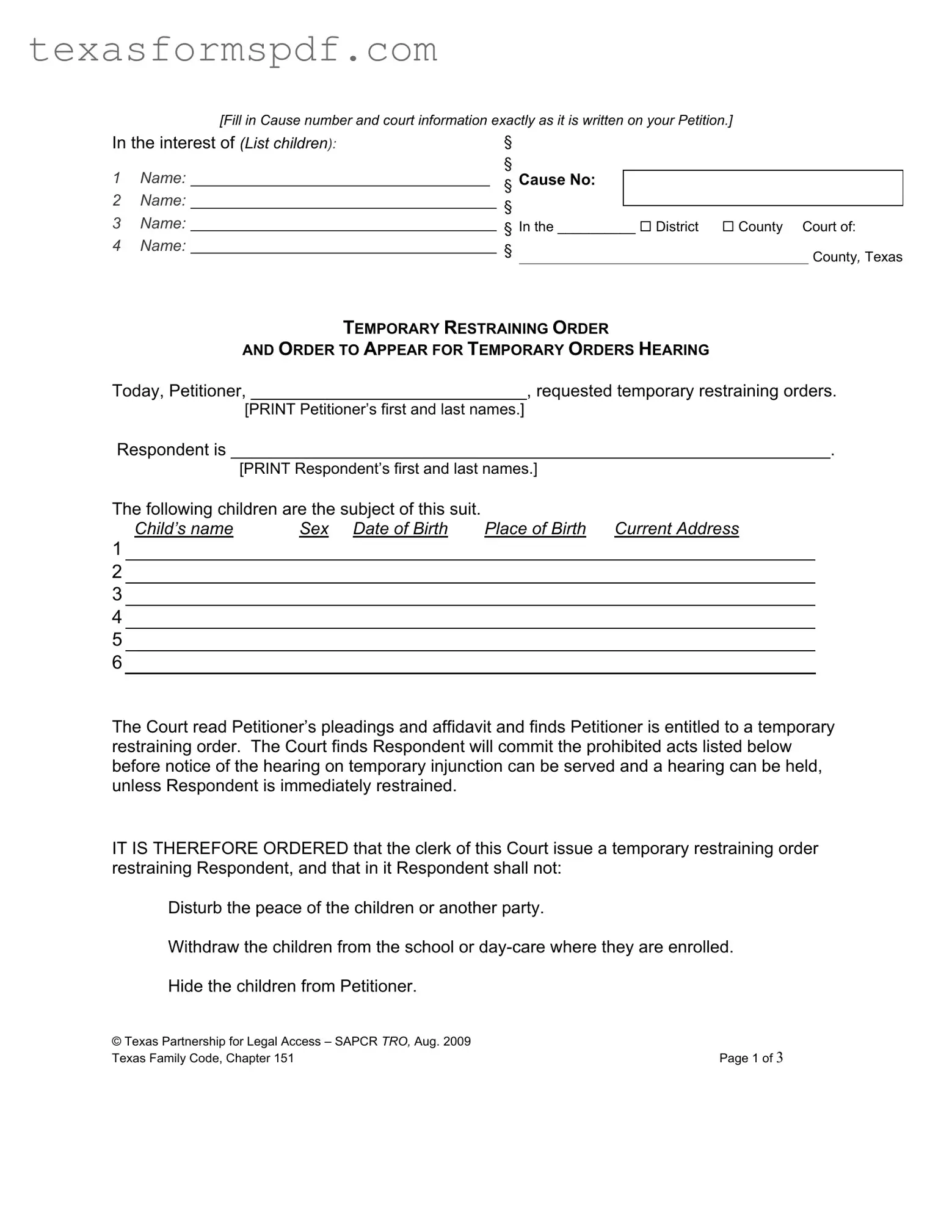 Texas Temporary Restraining Order Form in PDF