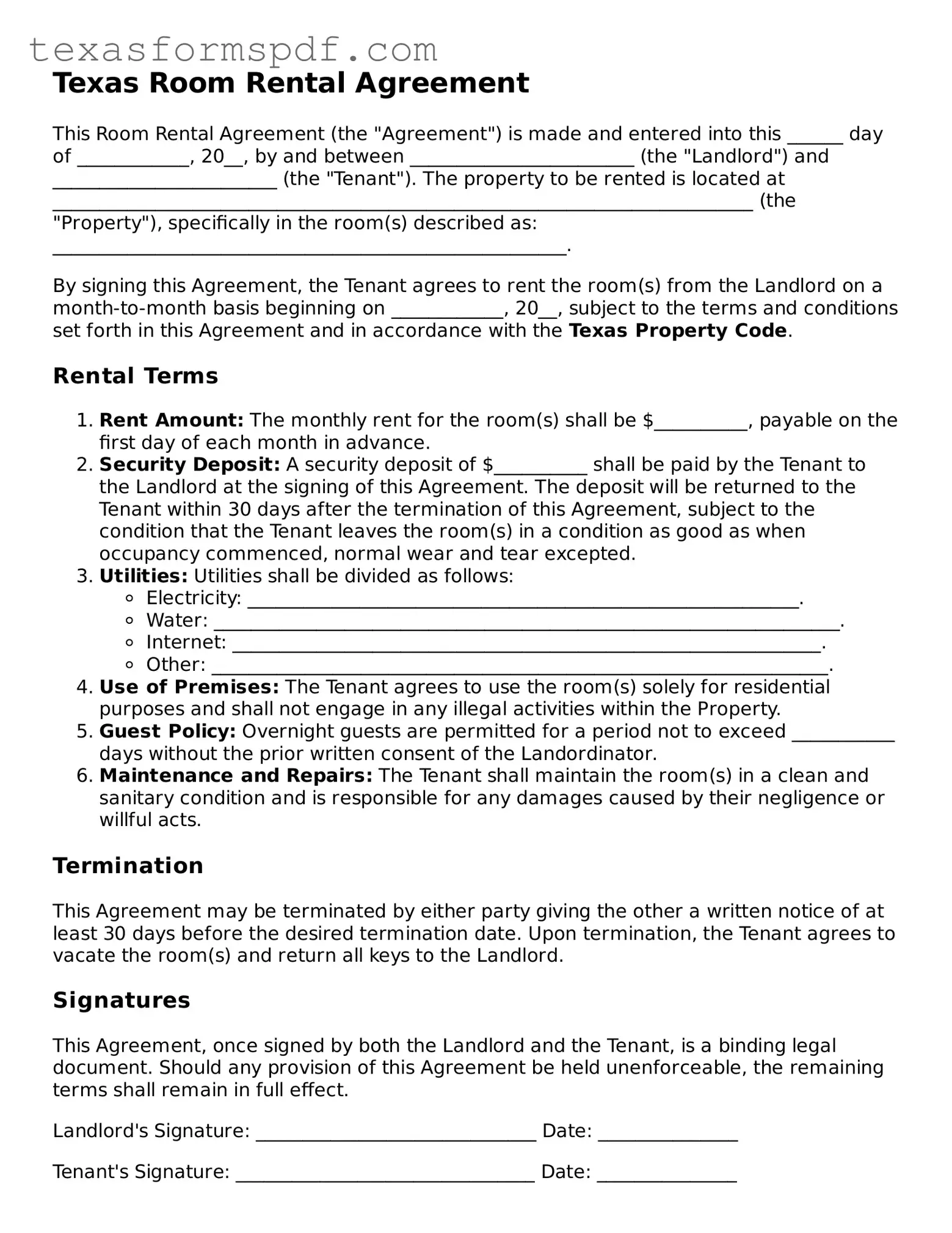 Legal Room Rental Agreement Document for the State of Texas