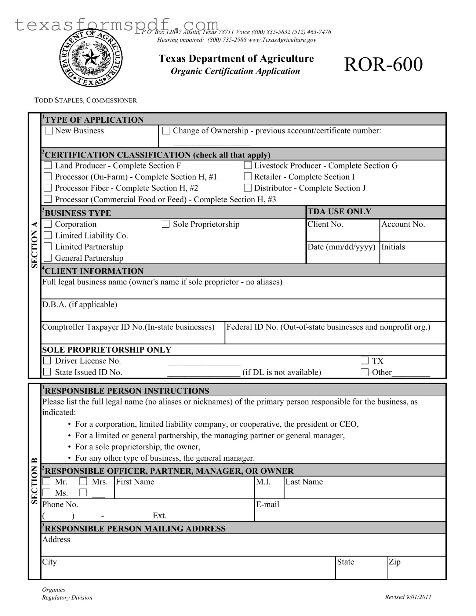 Texas Ror 600 Form in PDF