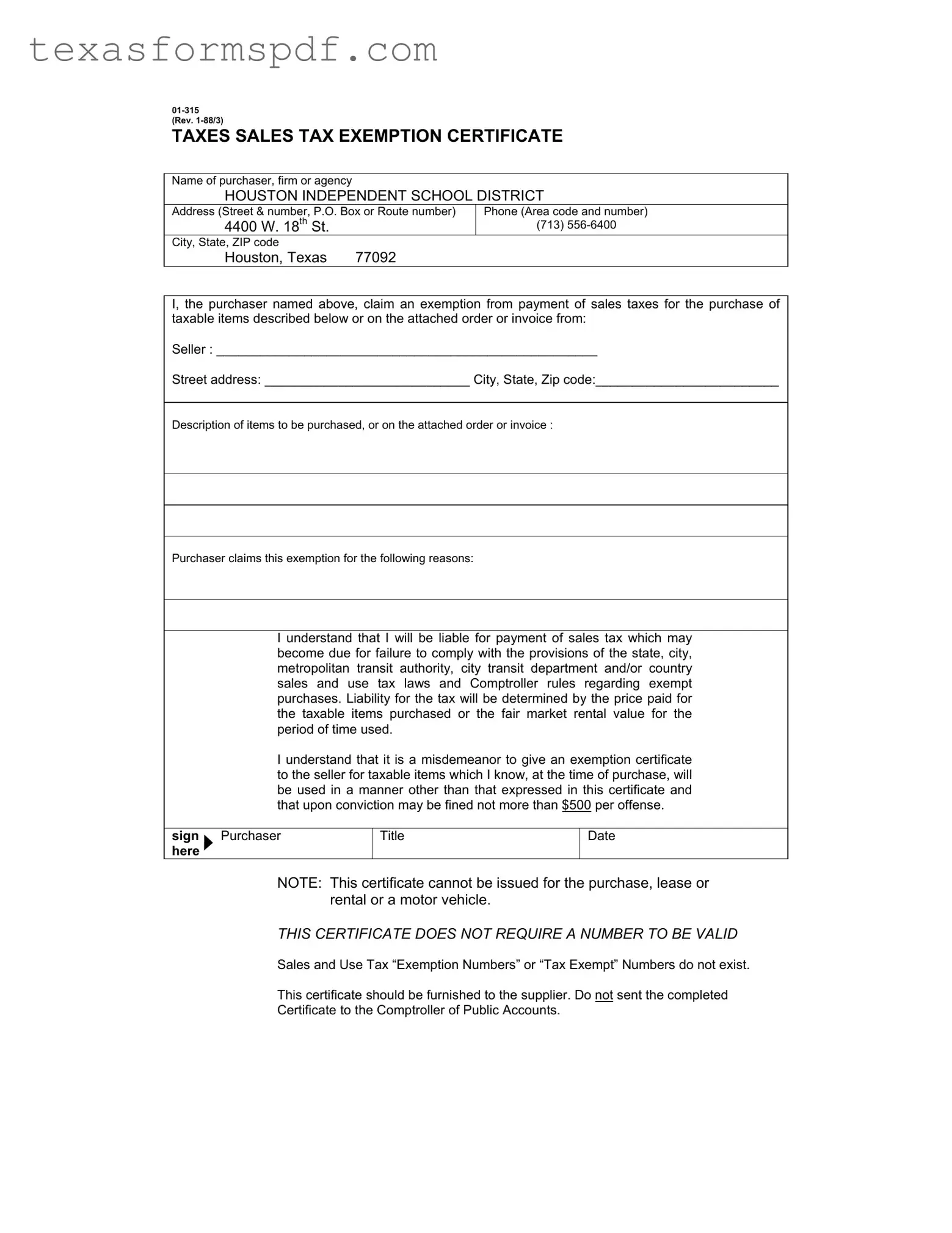 Texas Sales Tax Exemption Certificate Form in PDF