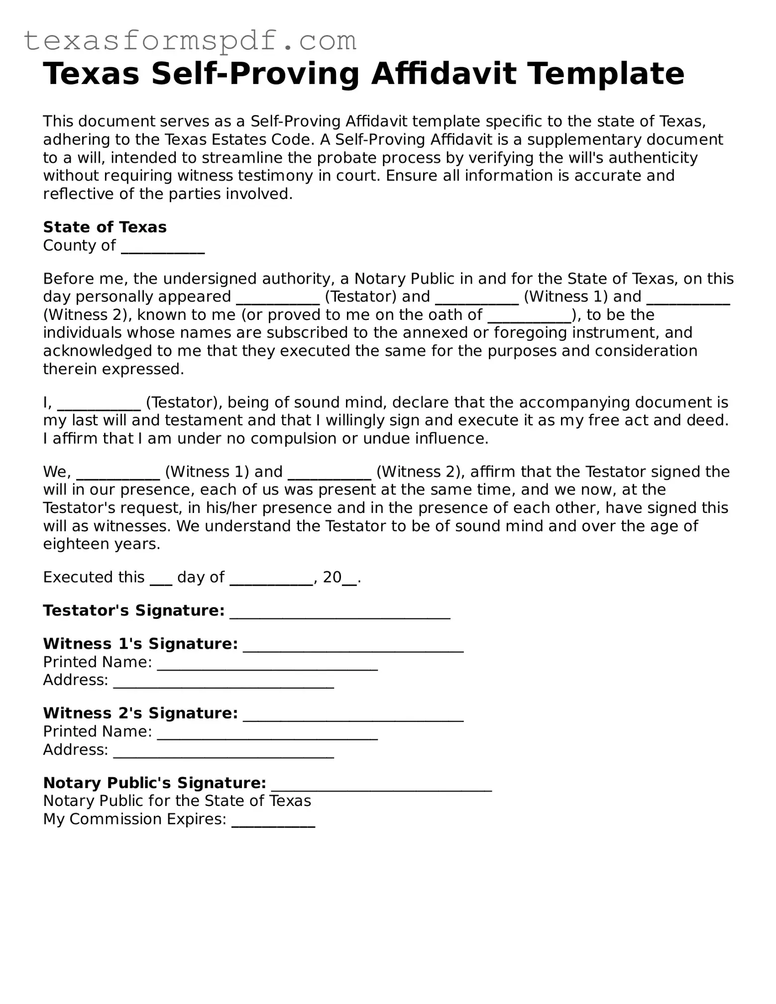Legal Self-Proving Affidavit Document for the State of Texas