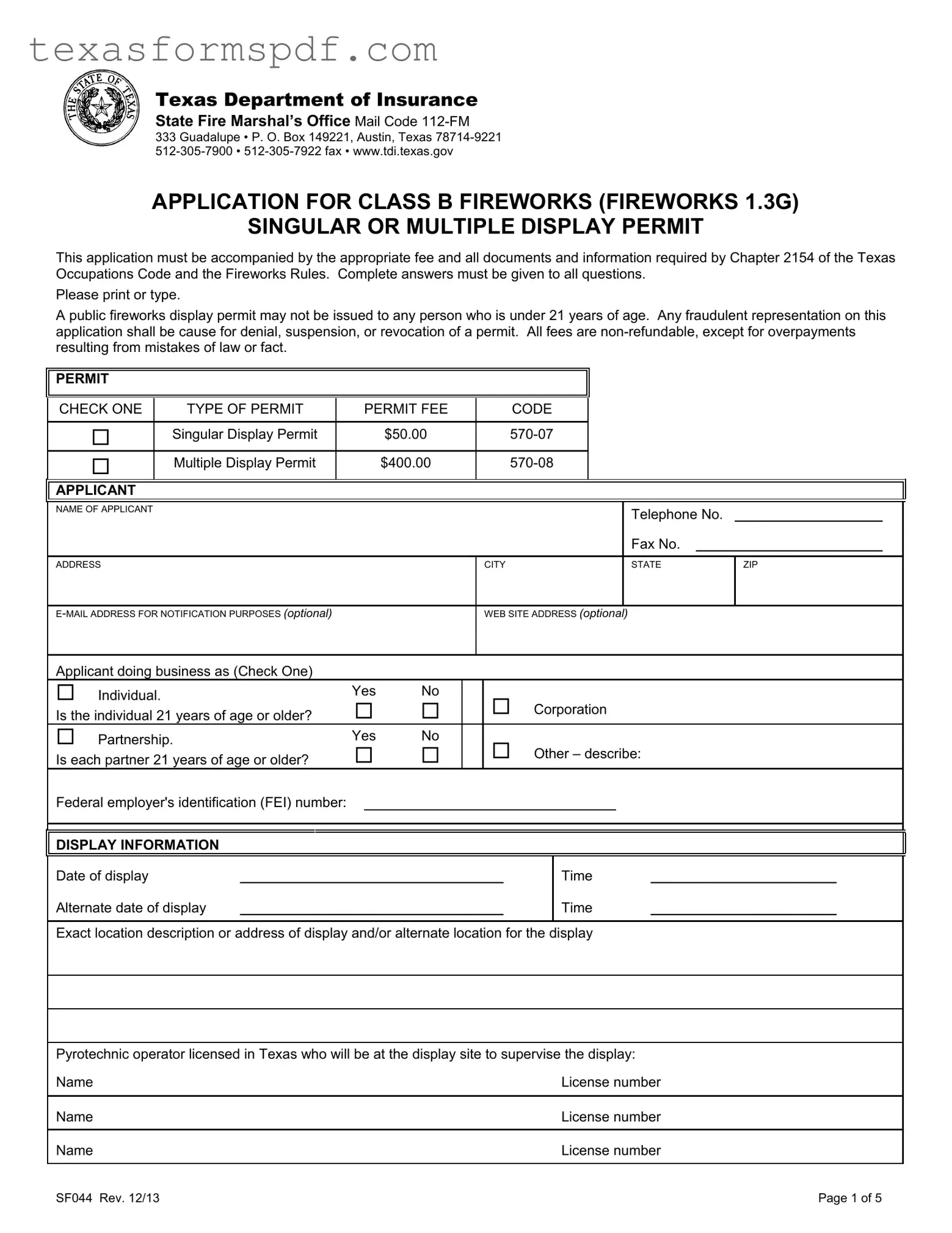 Texas Sf044 Form in PDF