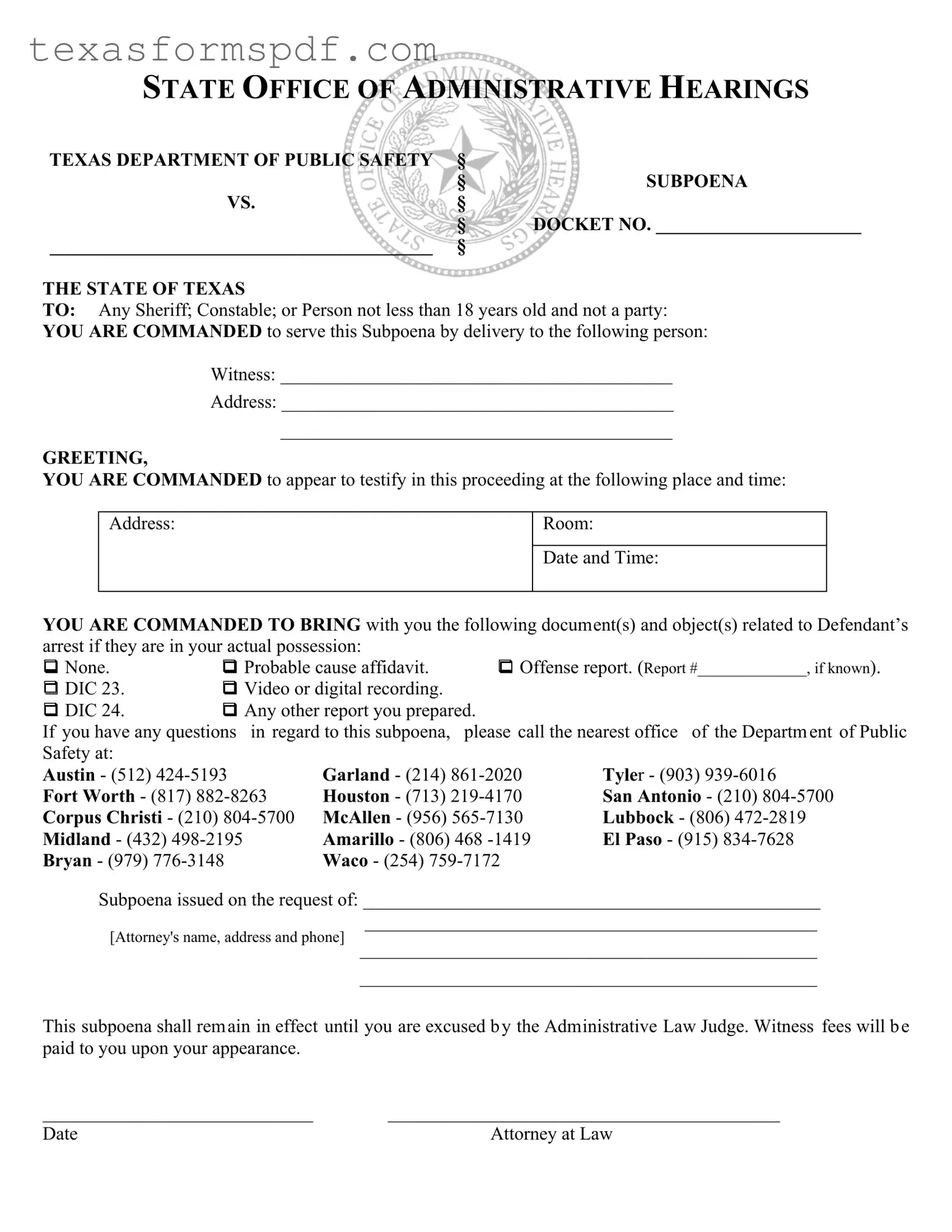 Texas Subpoena Form in PDF