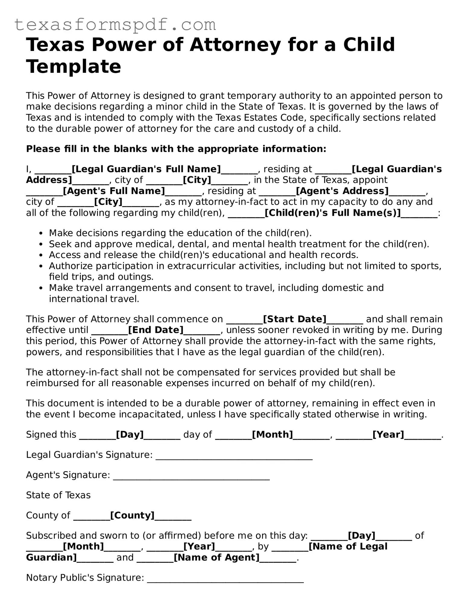 Legal Power of Attorney for a Child Document for the State of Texas