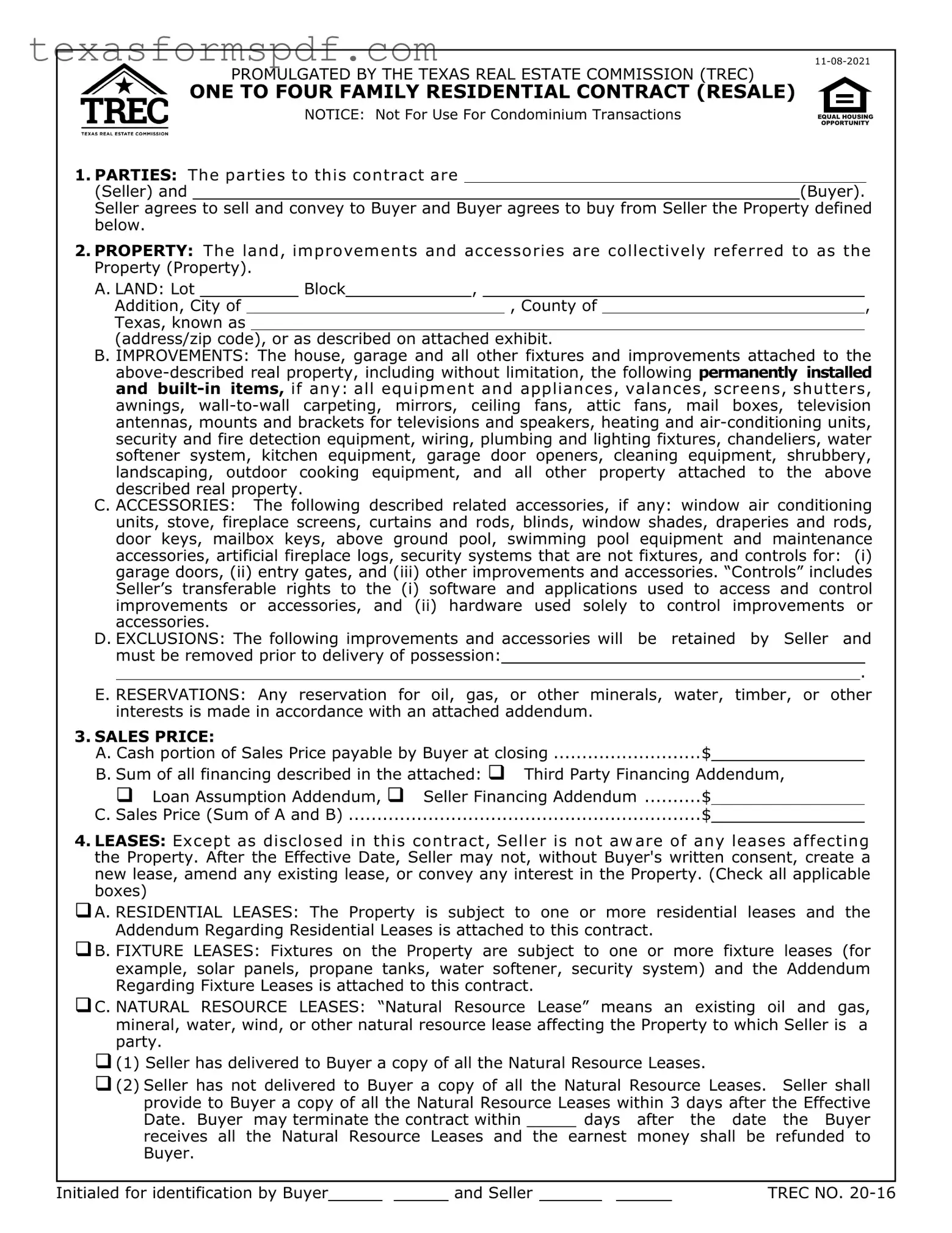 Texas Trec Residential Contract Form in PDF