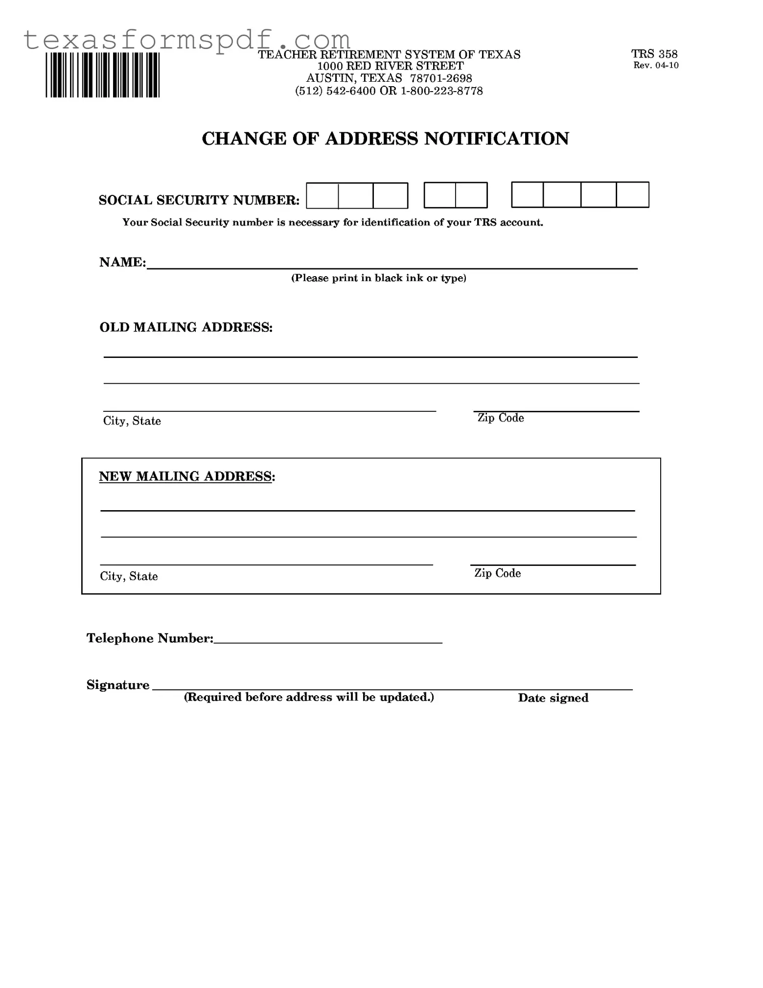 Texas Trs 358 Form in PDF