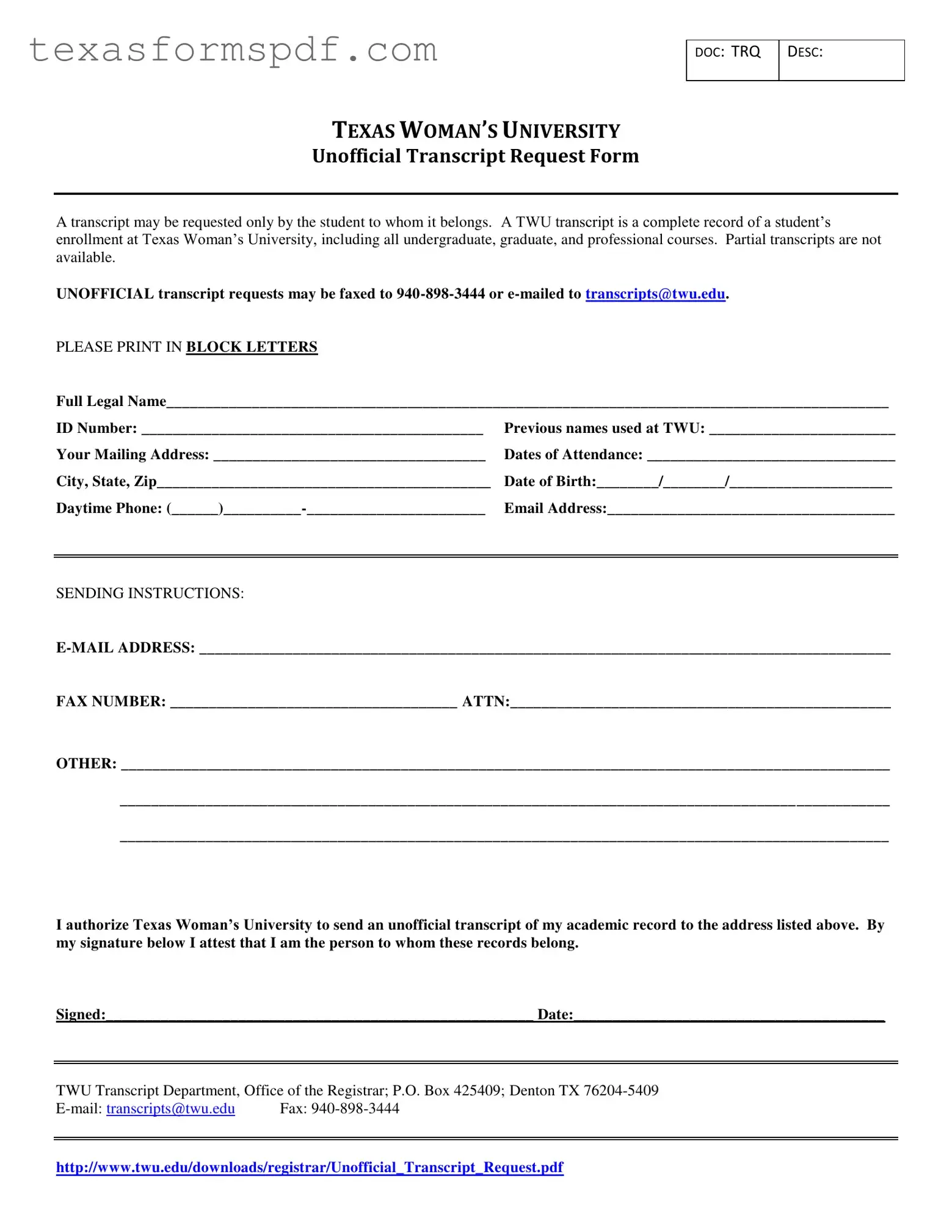 Texas Unofficial Transcript Form in PDF