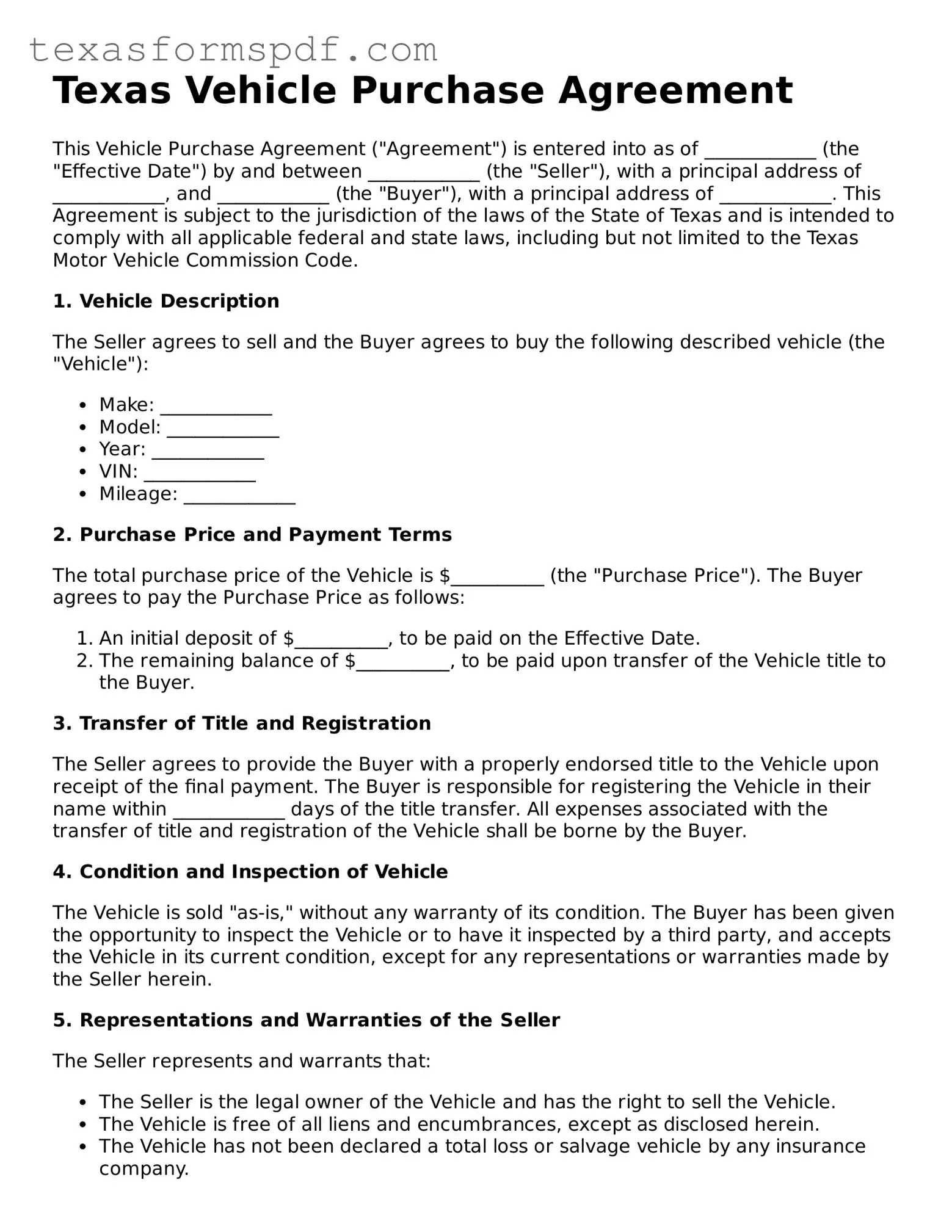Legal Vehicle Purchase Agreement Document for the State of Texas
