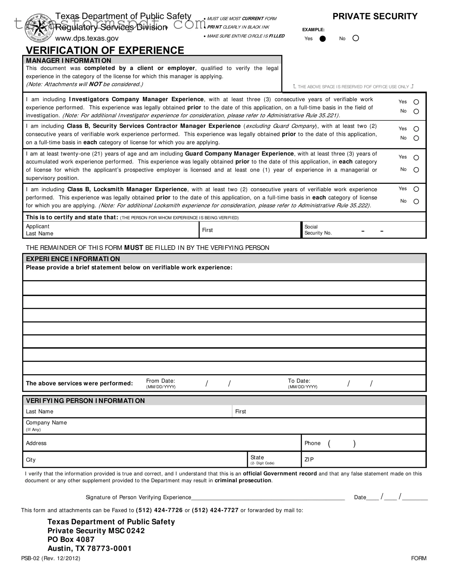 Texas Verification Form in PDF