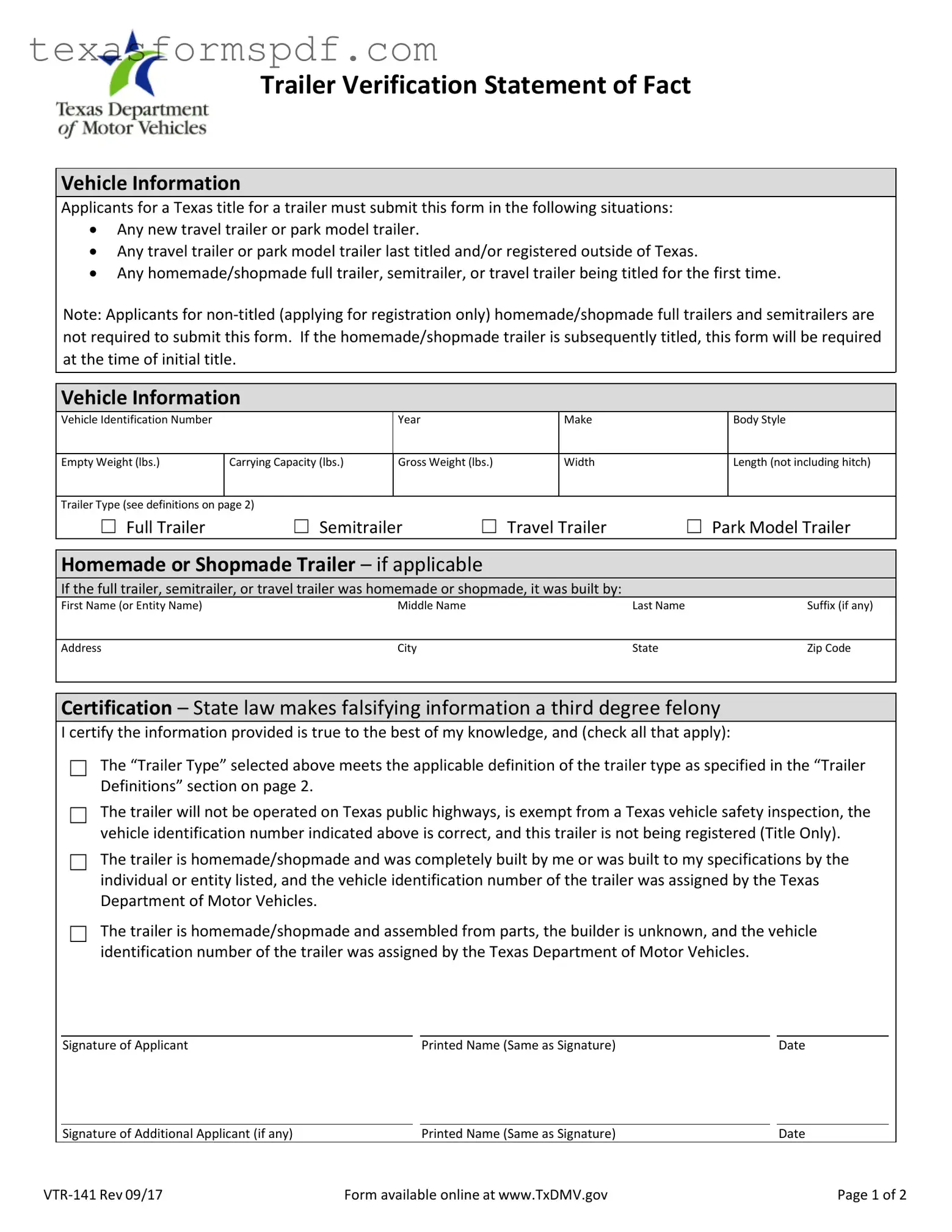 Texas Vtr 141 Form in PDF