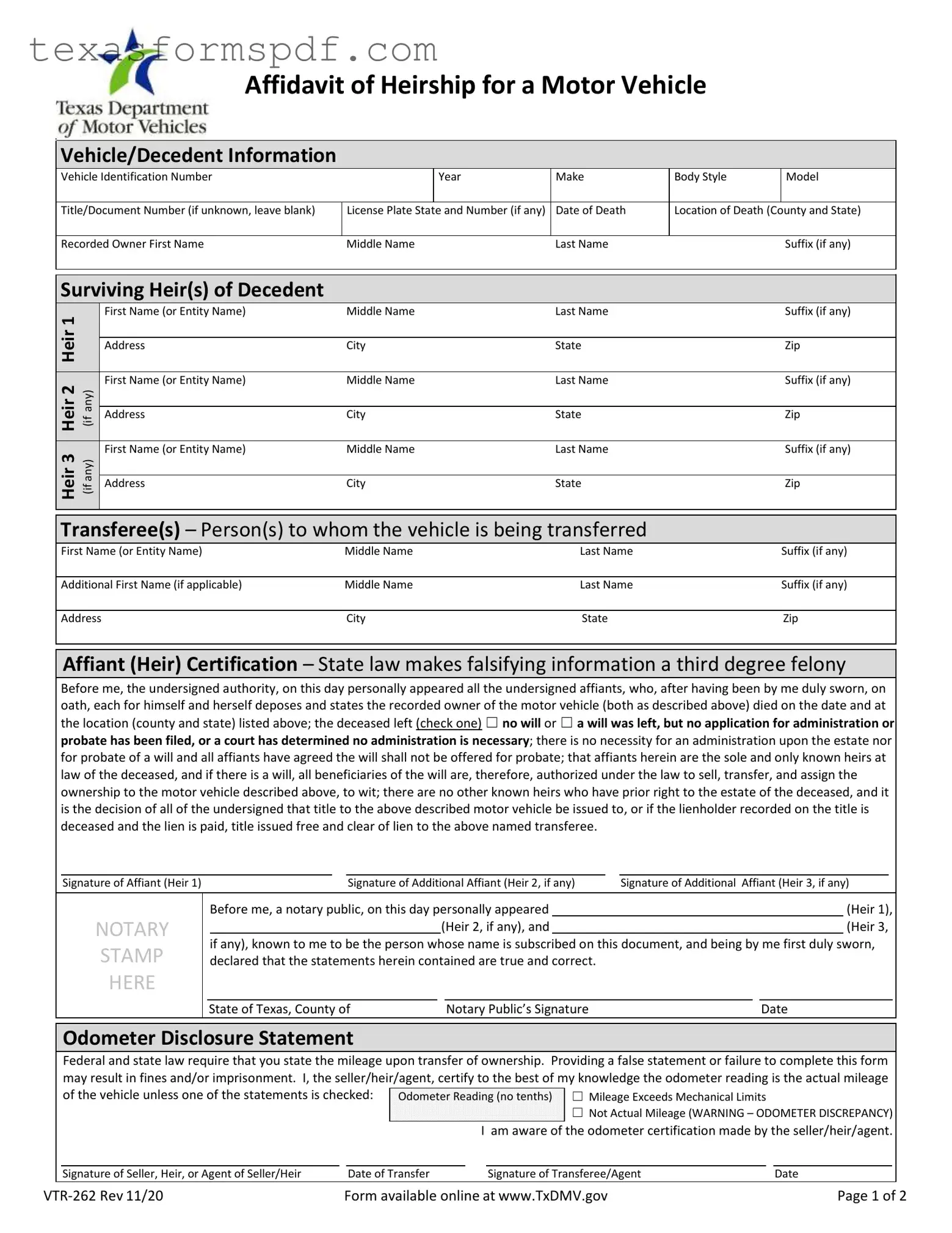 Texas Vtr 262 Form in PDF