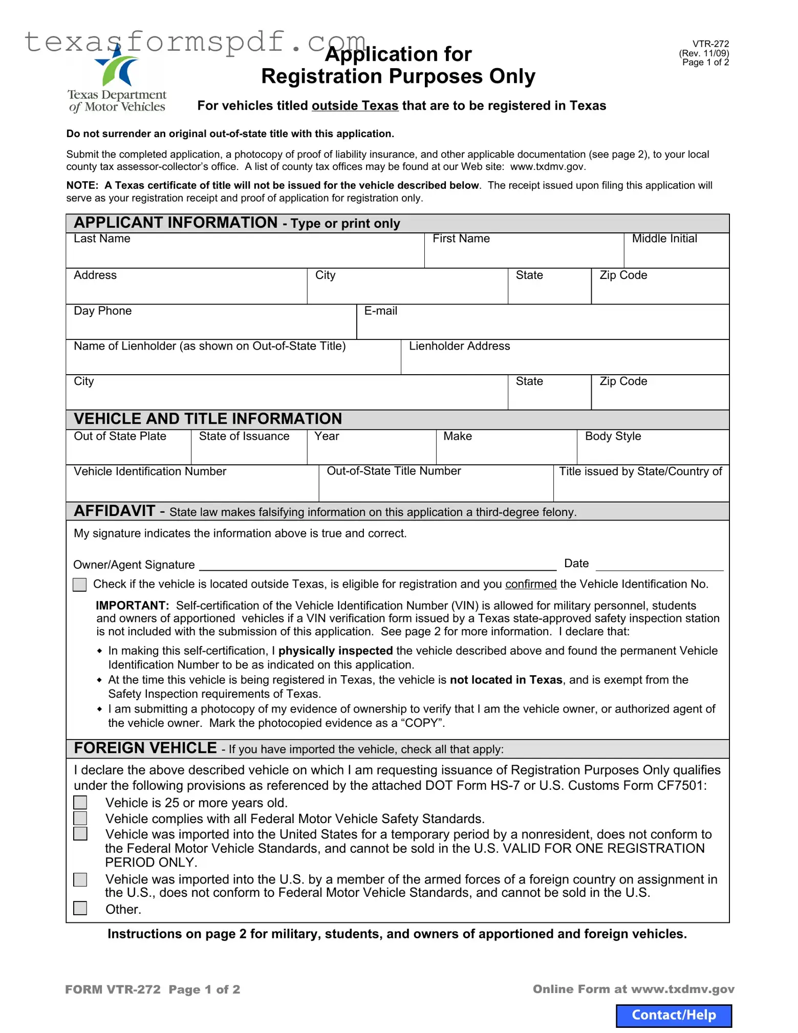 Texas Vtr 272 Form in PDF