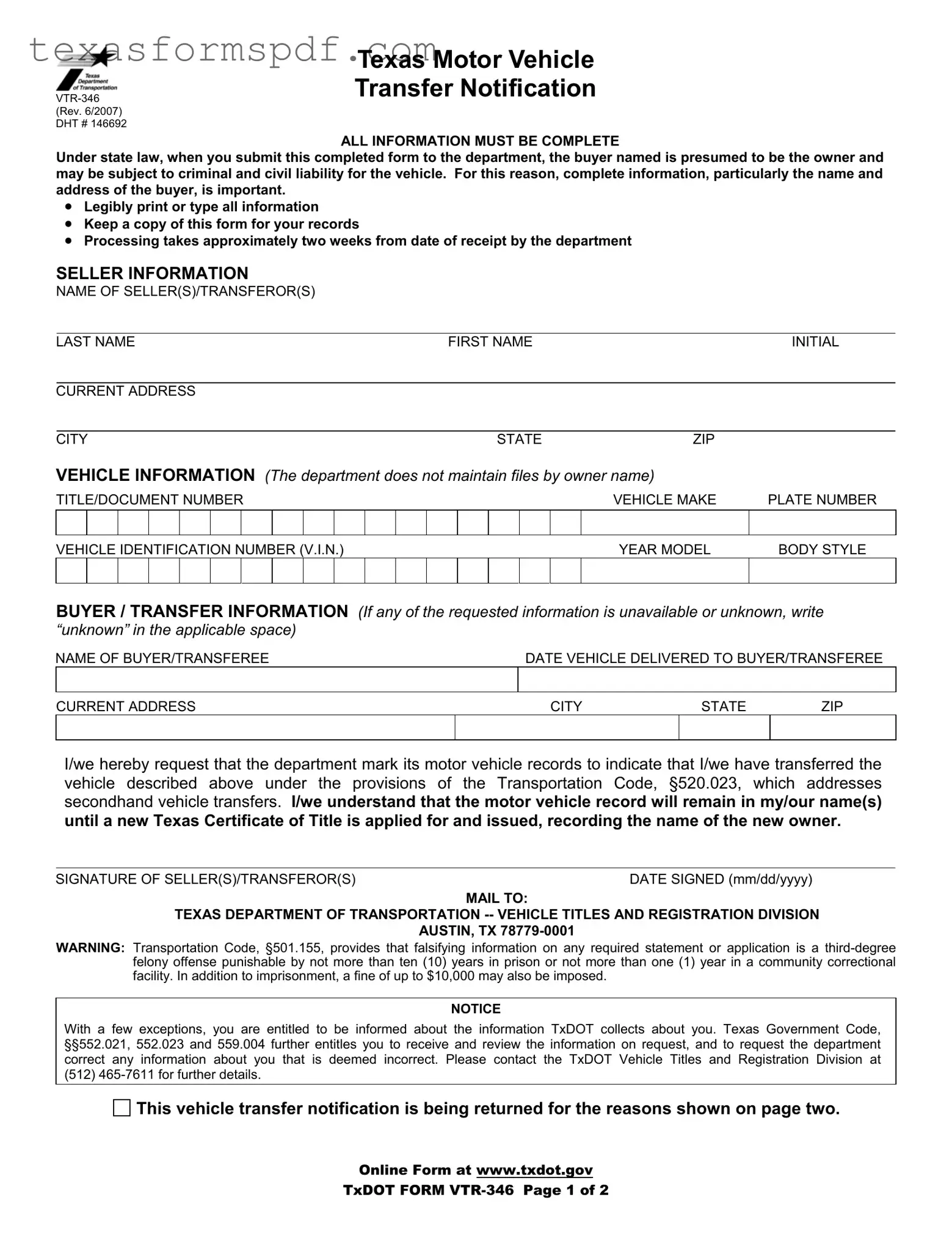 Texas Vtr 346 Form in PDF