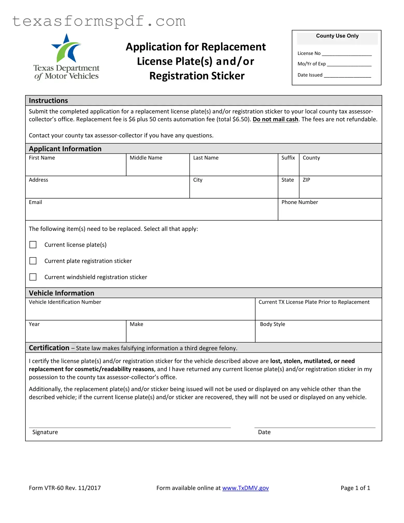Texas Vtr 60 Form in PDF