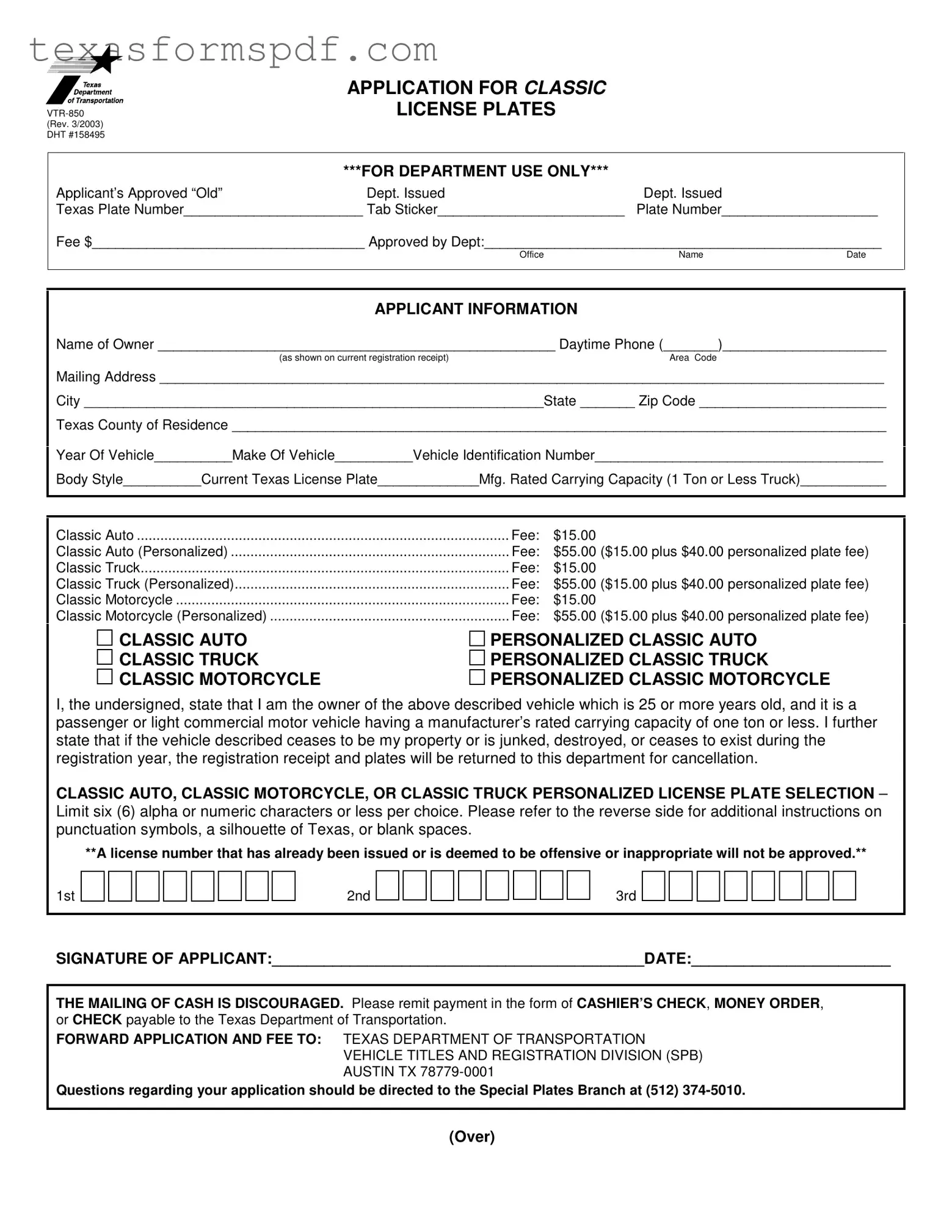 Texas Vtr 850 Form in PDF