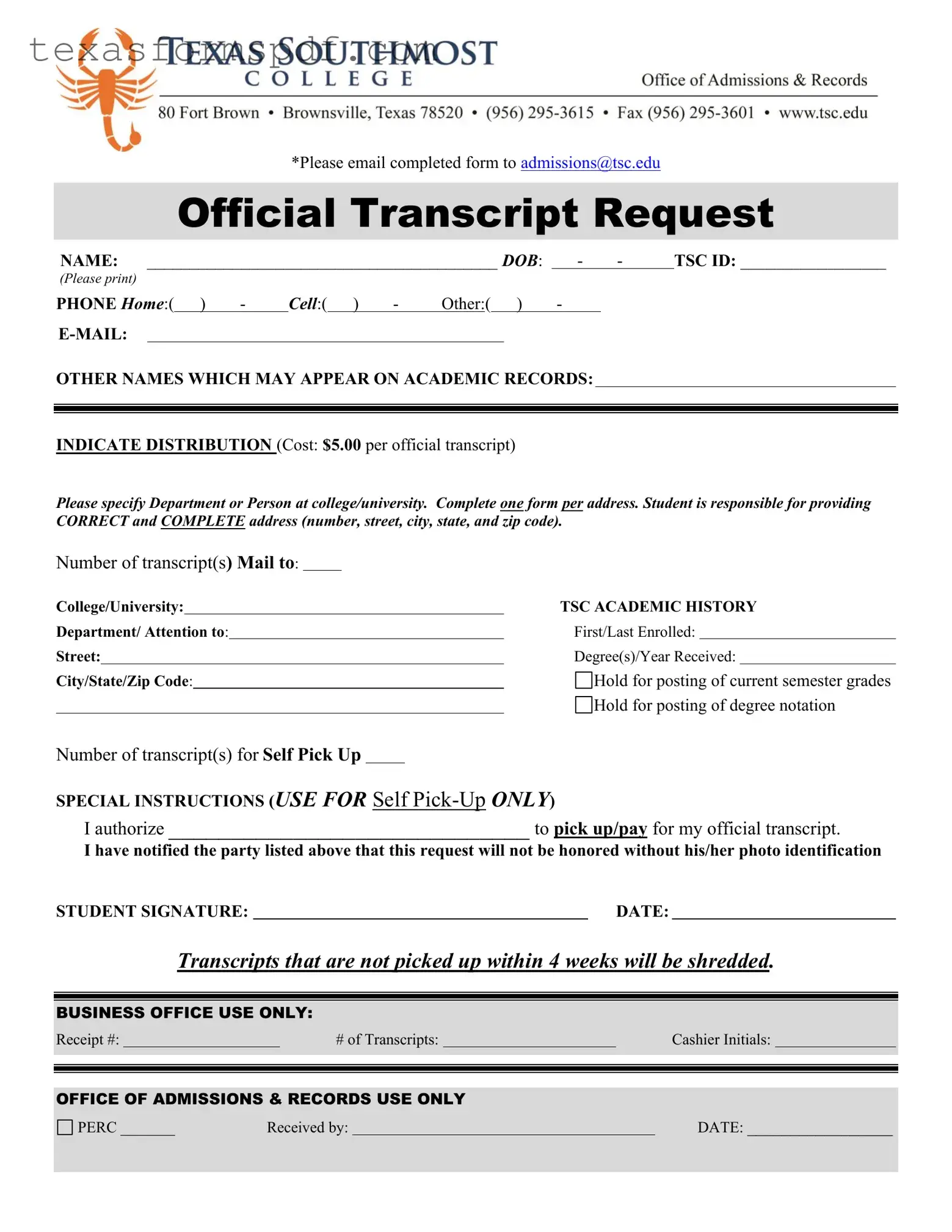 Utb Texas Form in PDF