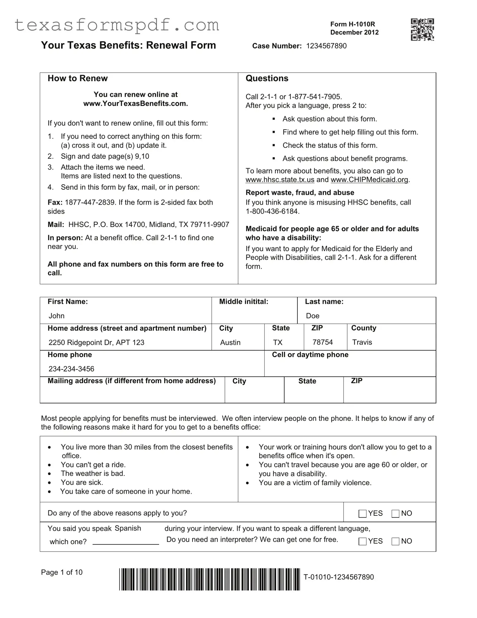 Your Texas Benefits Form in PDF